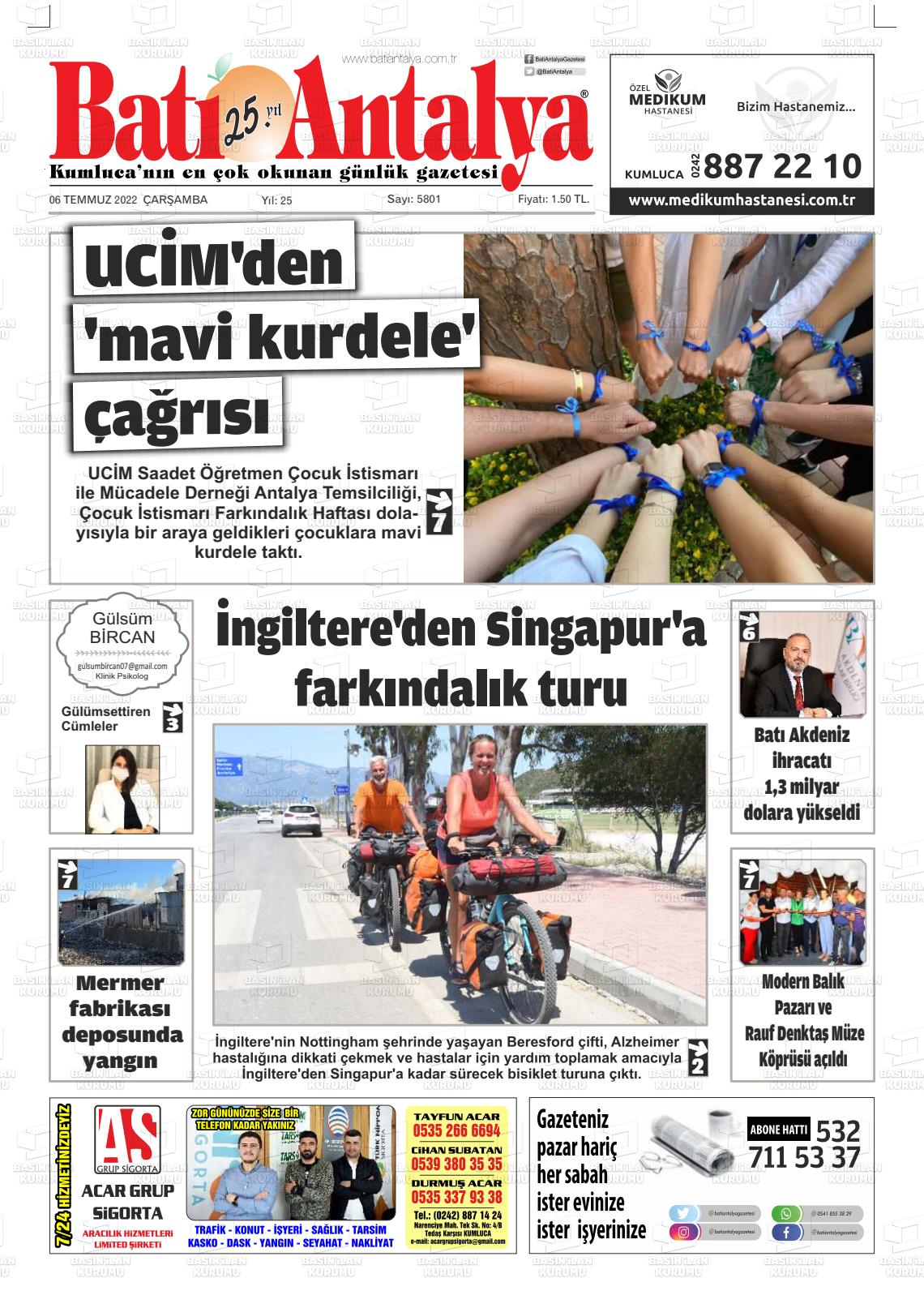 06 Temmuz 2022 Batı Antalya Gazete Manşeti
