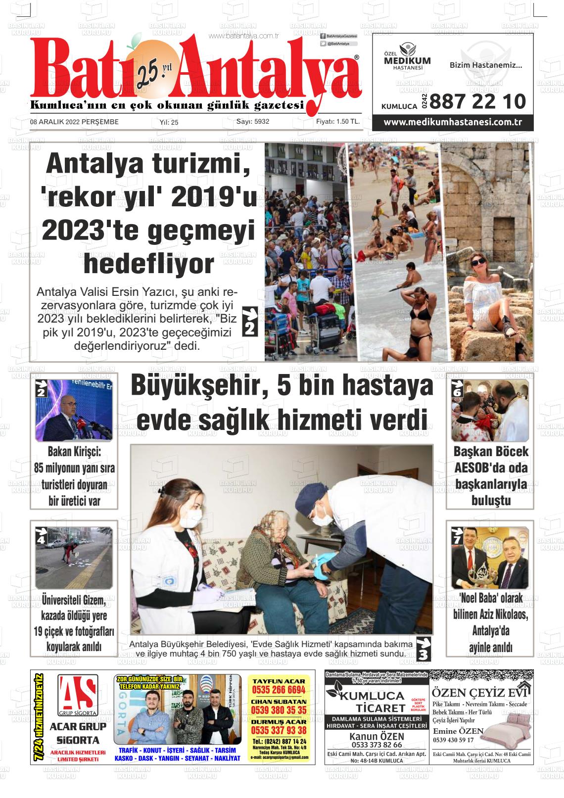 08 Aralık 2022 Batı Antalya Gazete Manşeti