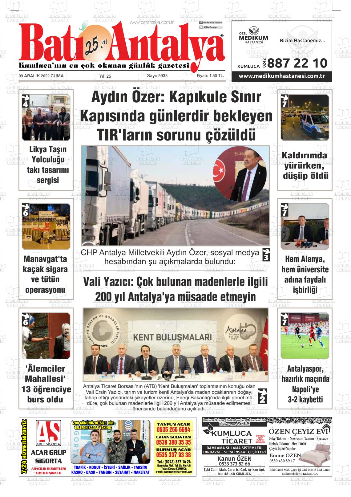 09 Aralık 2022 Batı Antalya Gazete Manşeti