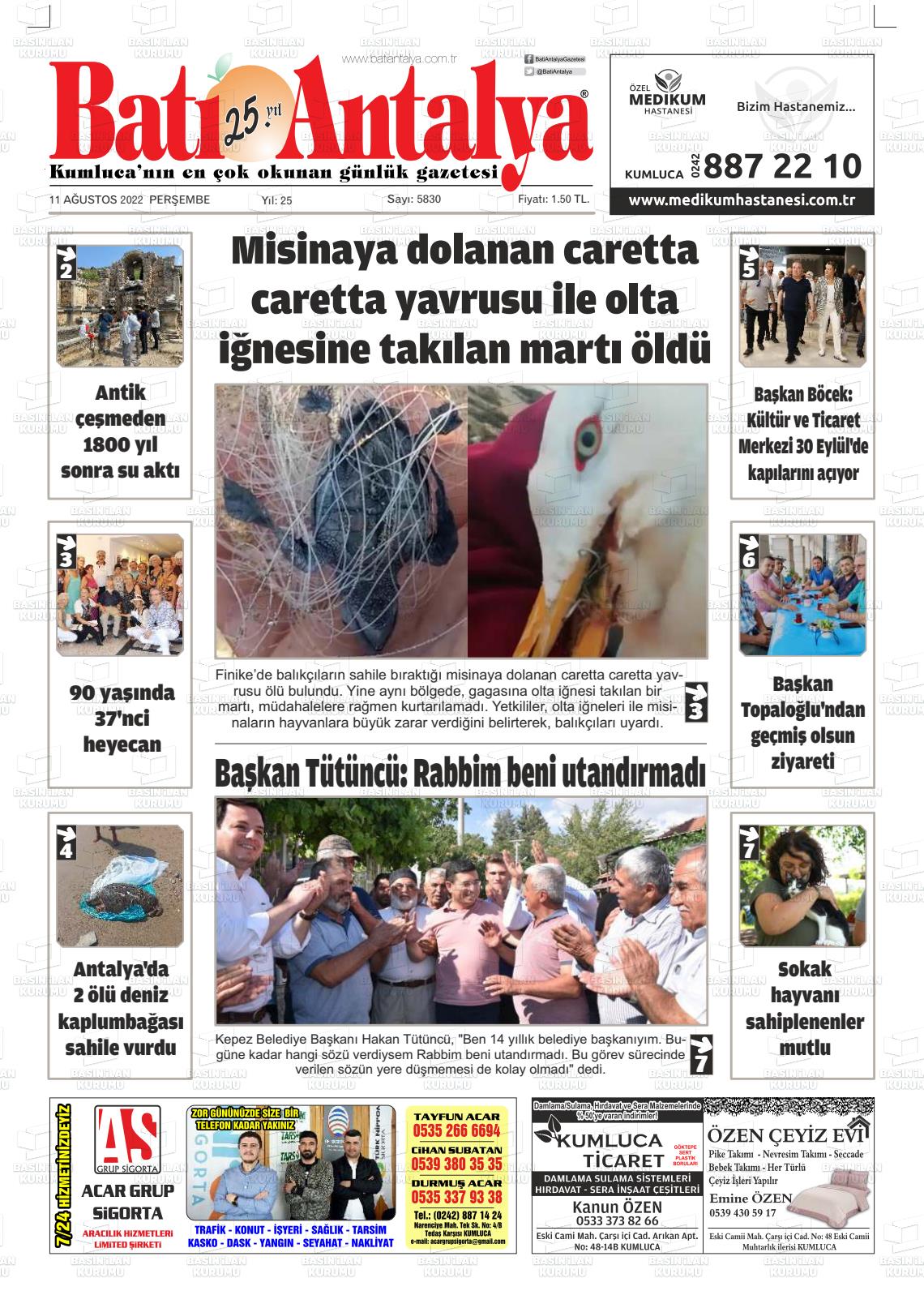 11 Ağustos 2022 Batı Antalya Gazete Manşeti