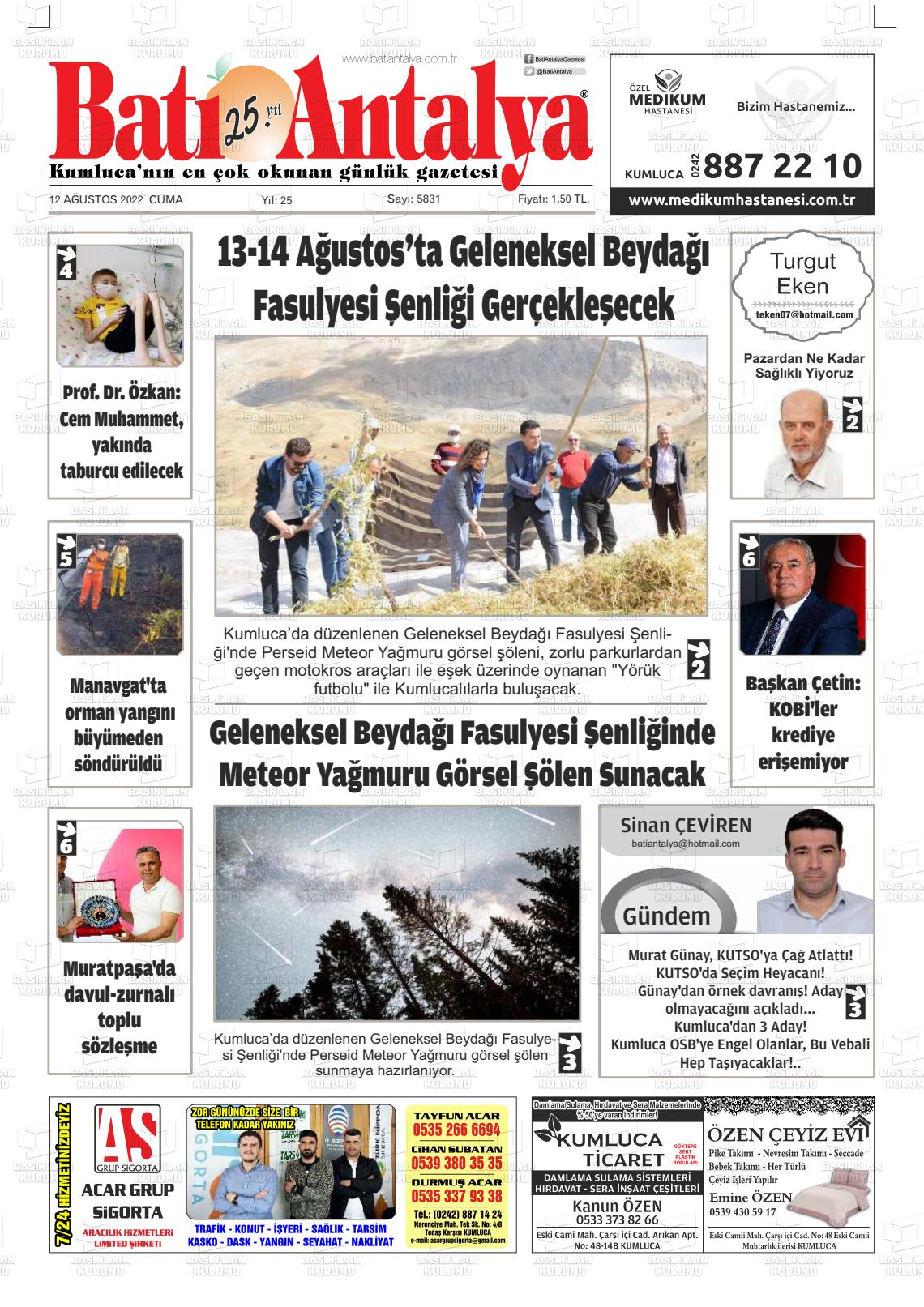 12 Ağustos 2022 Batı Antalya Gazete Manşeti