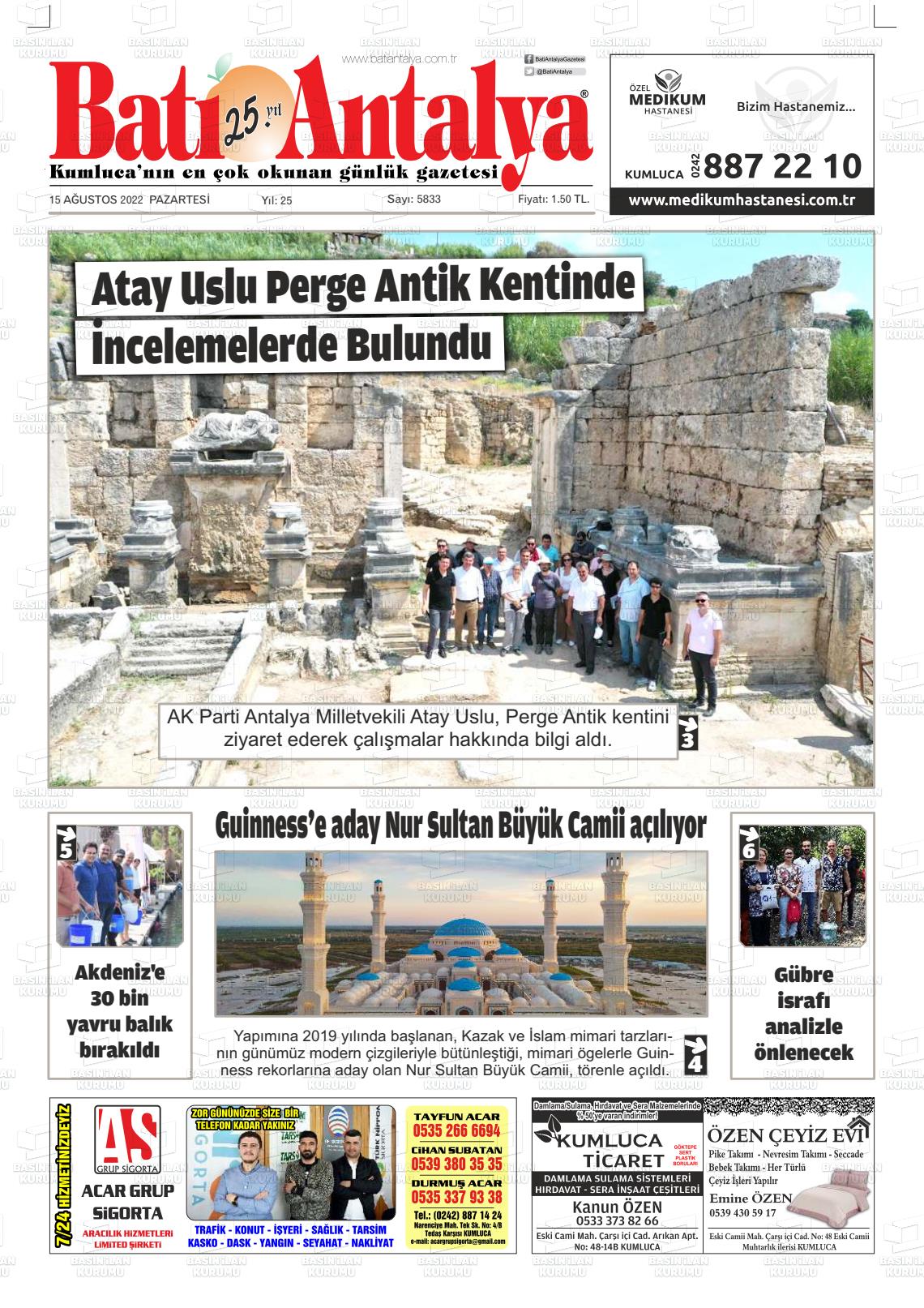 15 Ağustos 2022 Batı Antalya Gazete Manşeti