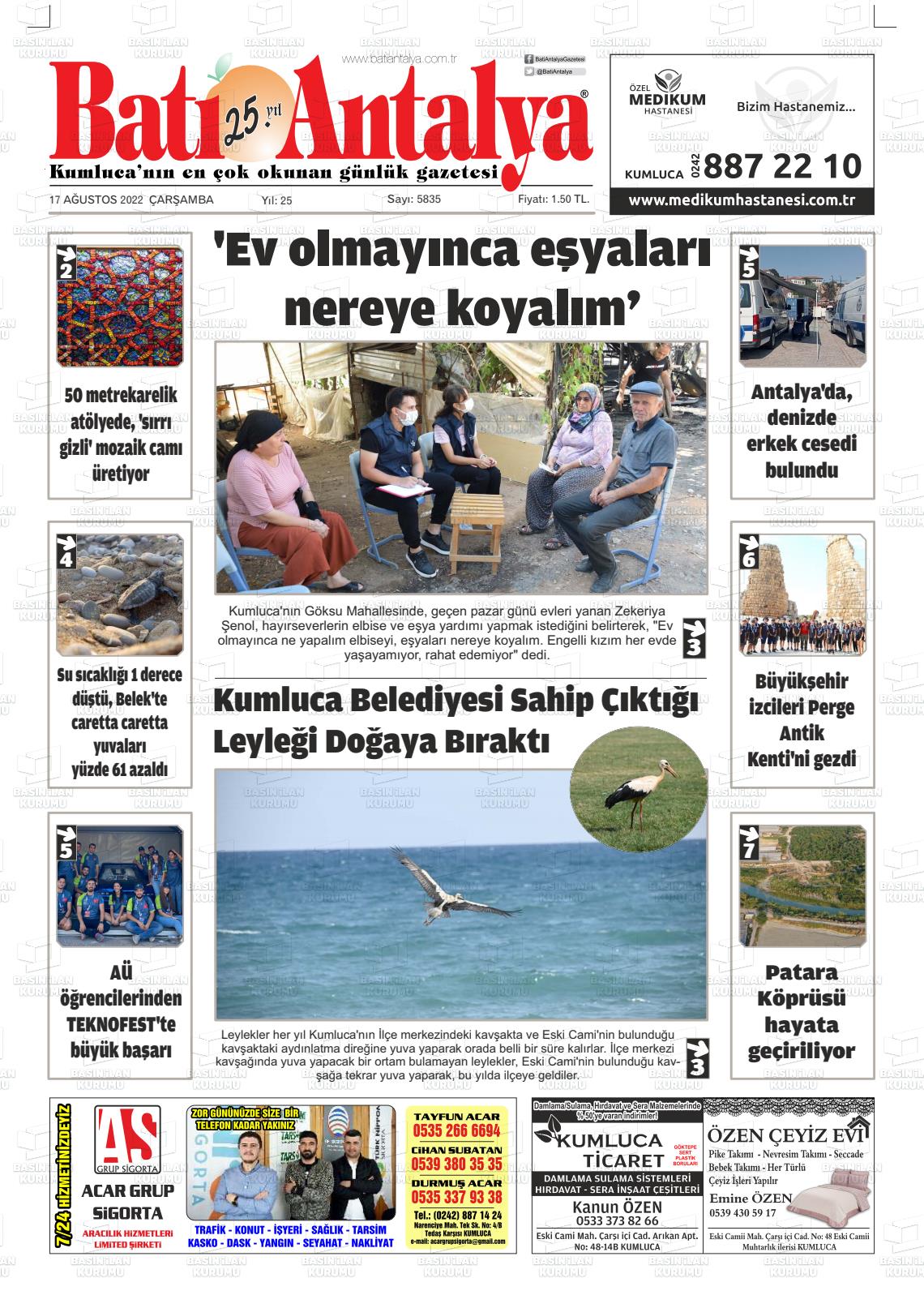 17 Ağustos 2022 Batı Antalya Gazete Manşeti