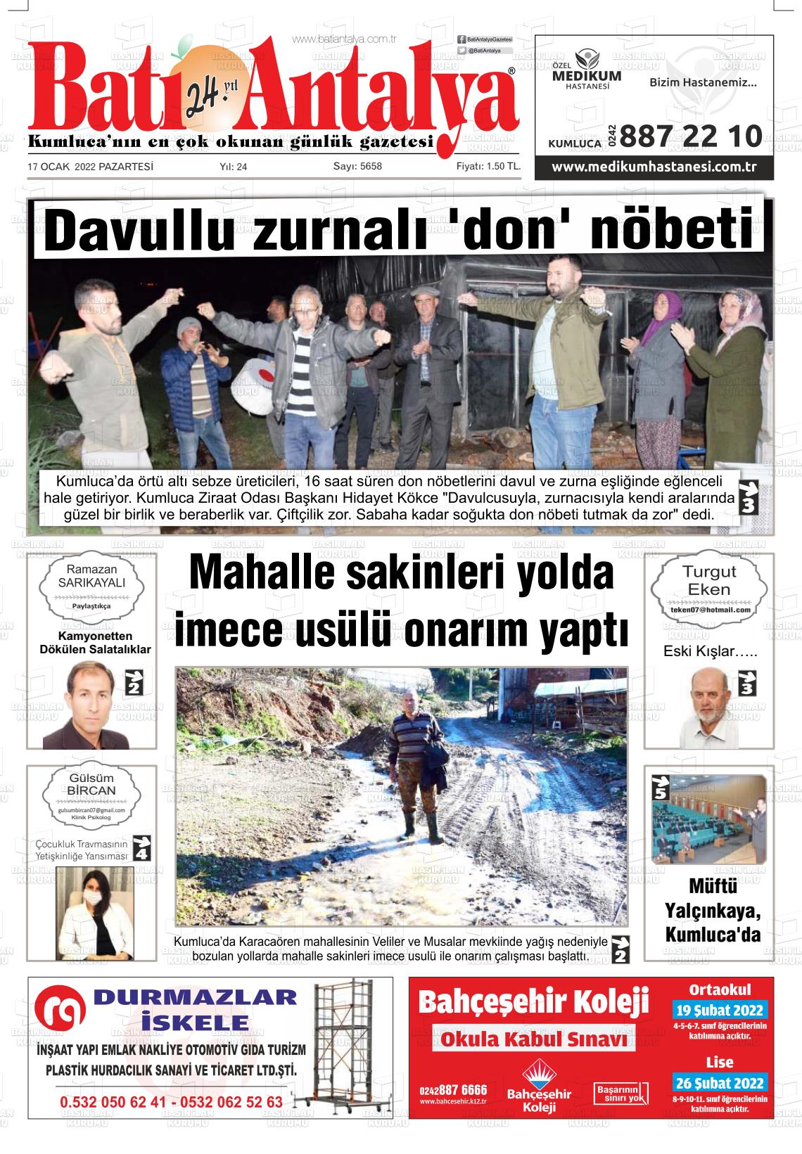 17 Ocak 2022 Batı Antalya Gazete Manşeti