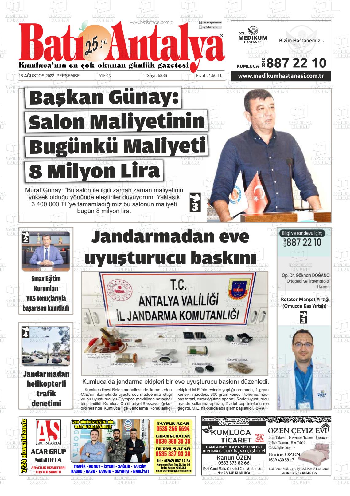 18 Ağustos 2022 Batı Antalya Gazete Manşeti