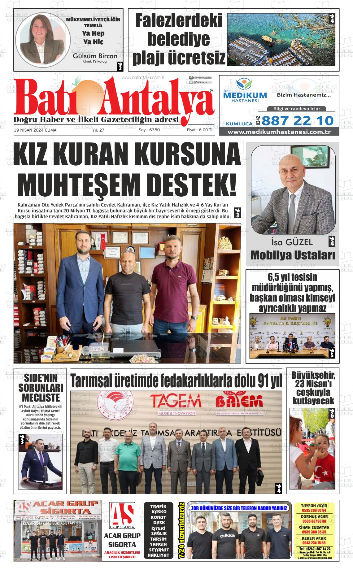 19 Nisan 2024 Batı Antalya Gazete Manşeti