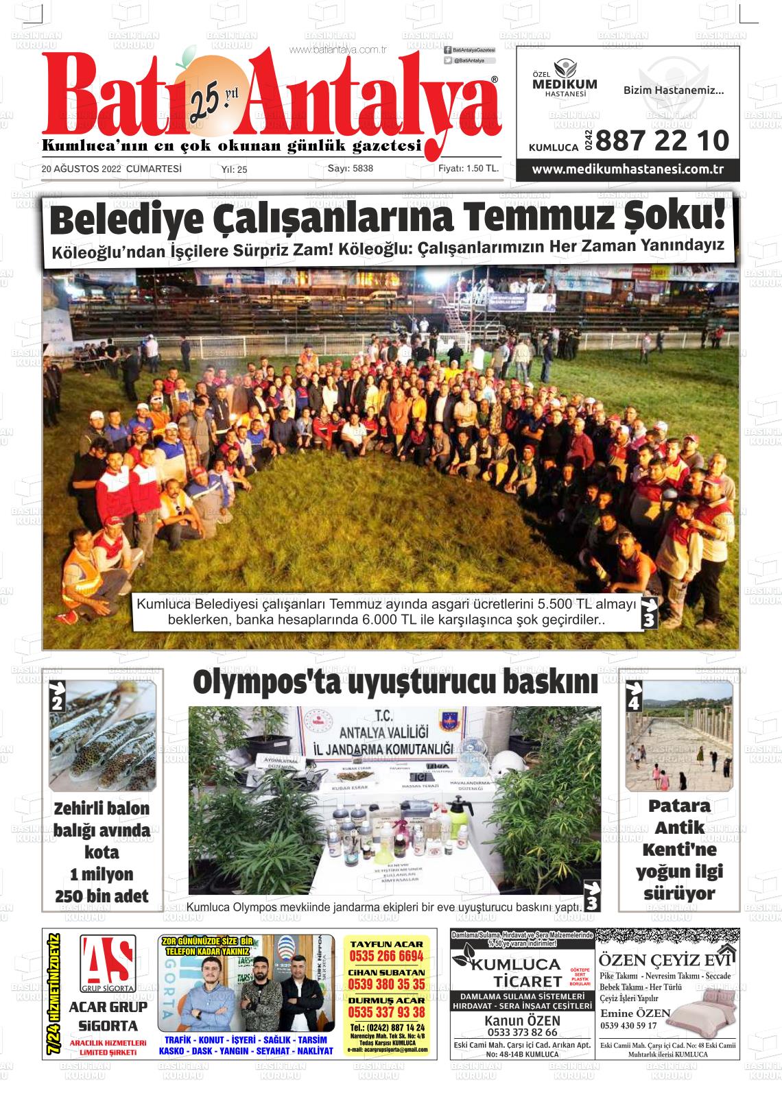 20 Ağustos 2022 Batı Antalya Gazete Manşeti