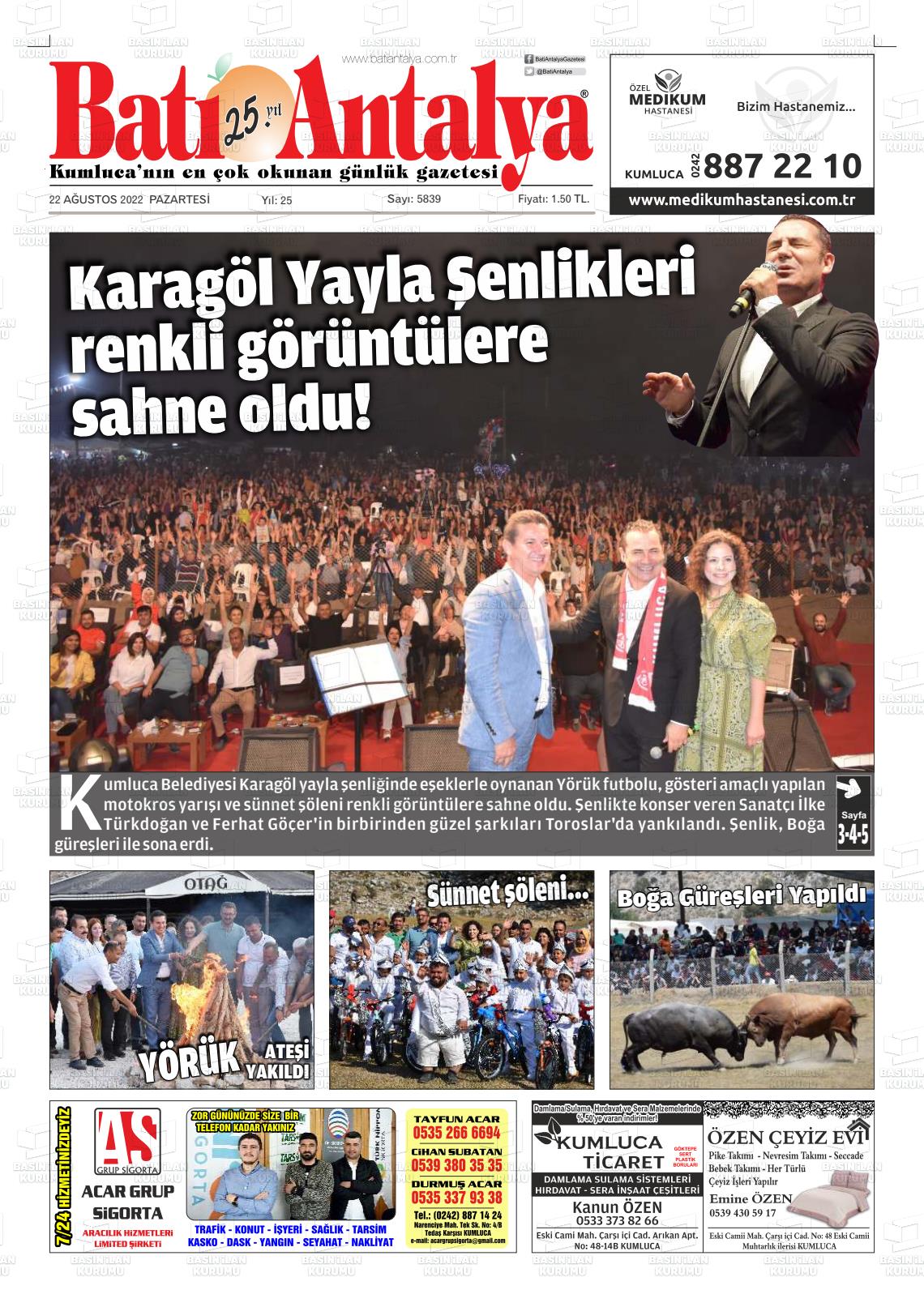 22 Ağustos 2022 Batı Antalya Gazete Manşeti