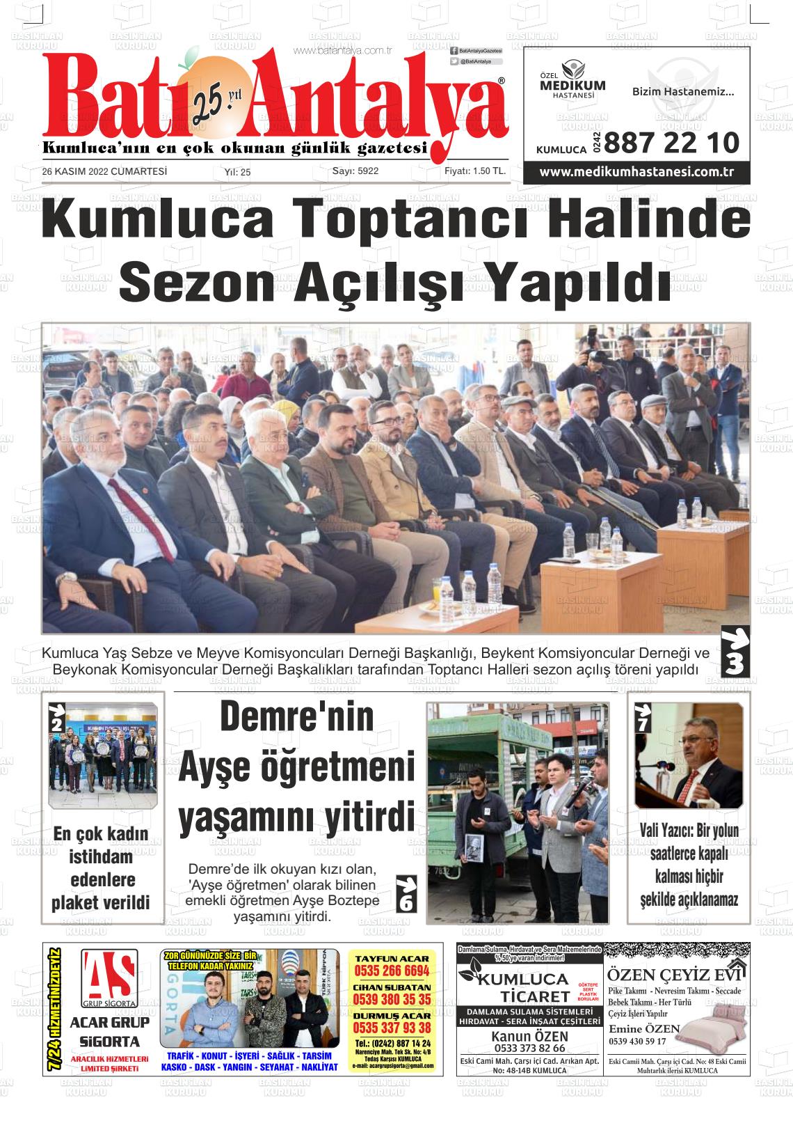26 Kasım 2022 Batı Antalya Gazete Manşeti