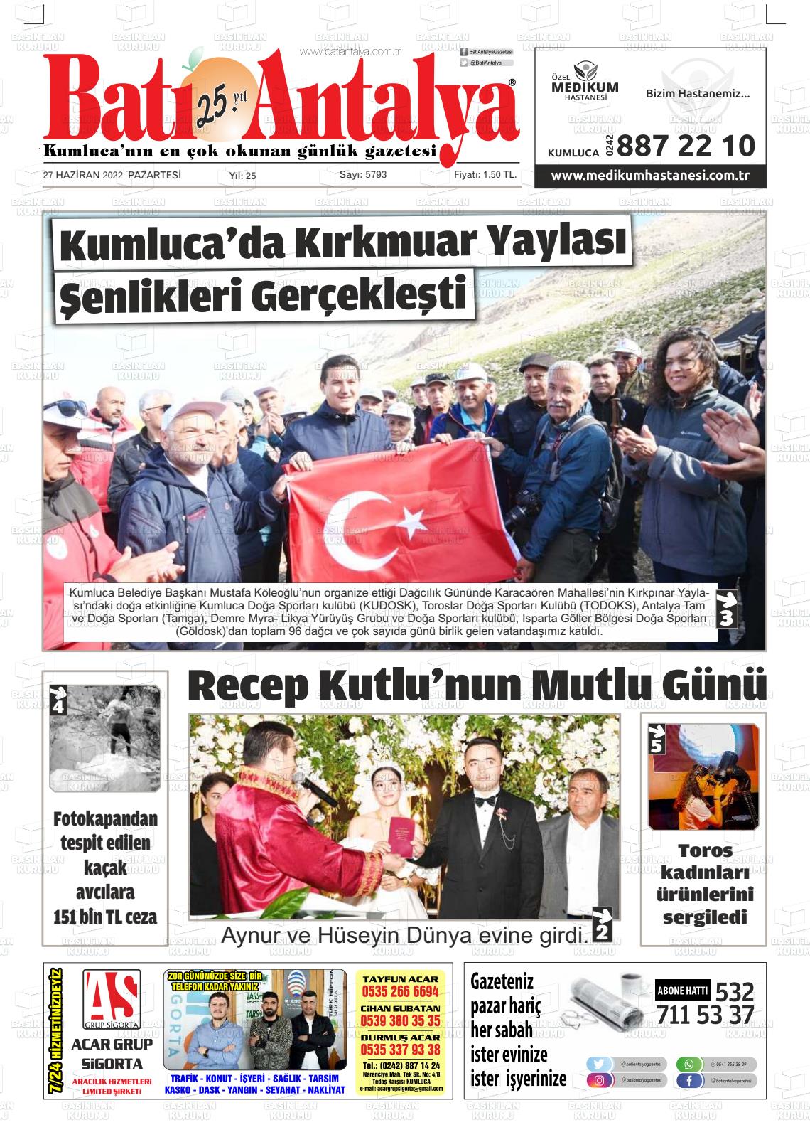 27 Haziran 2022 Batı Antalya Gazete Manşeti