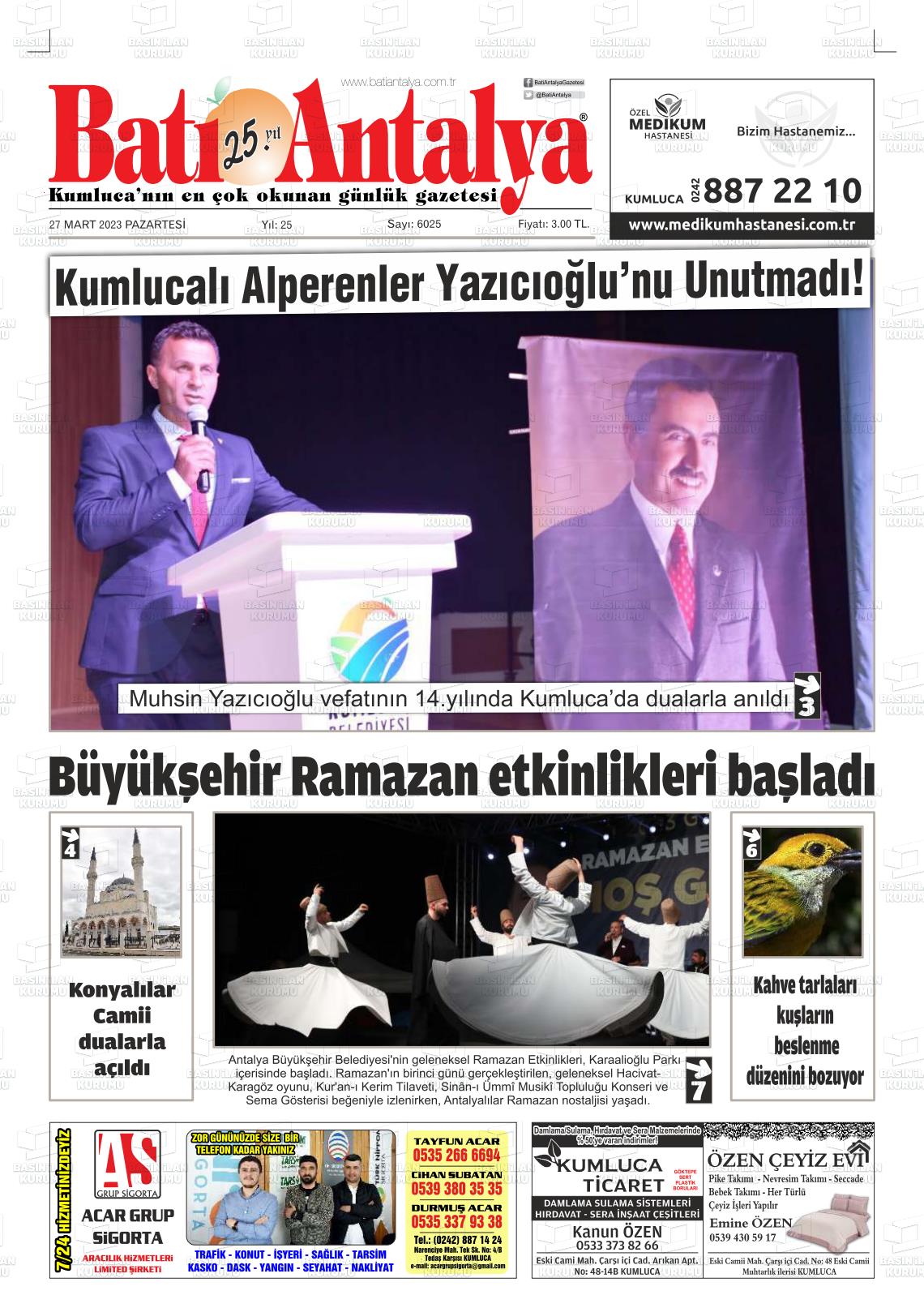 27 Mart 2023 Batı Antalya Gazete Manşeti