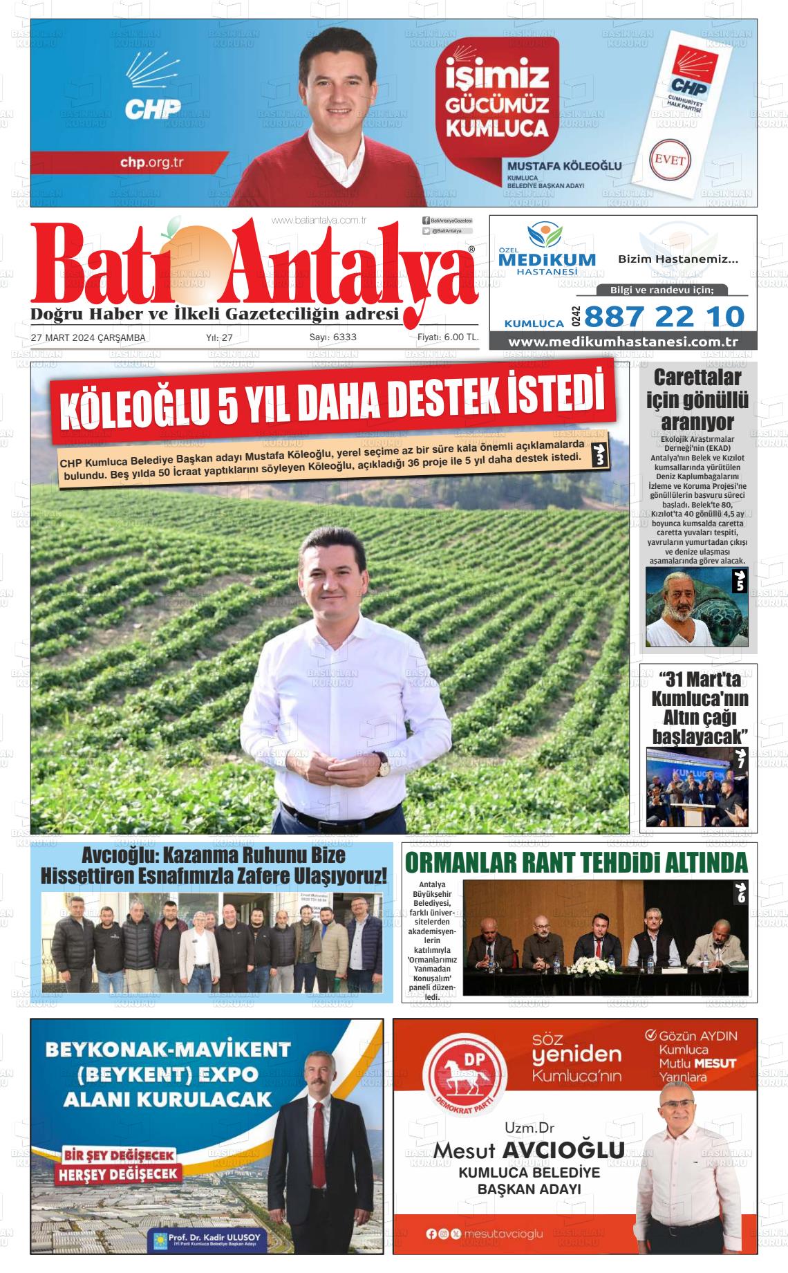 27 Mart 2024 Batı Antalya Gazete Manşeti