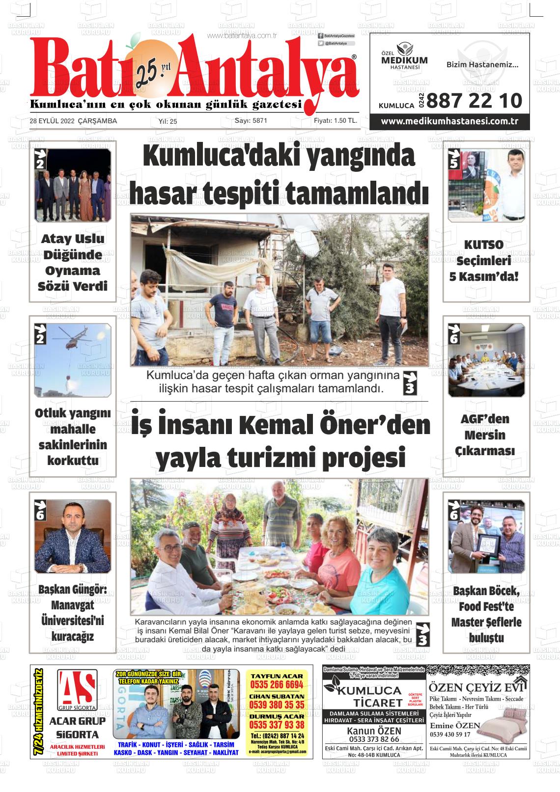 28 Eylül 2022 Batı Antalya Gazete Manşeti