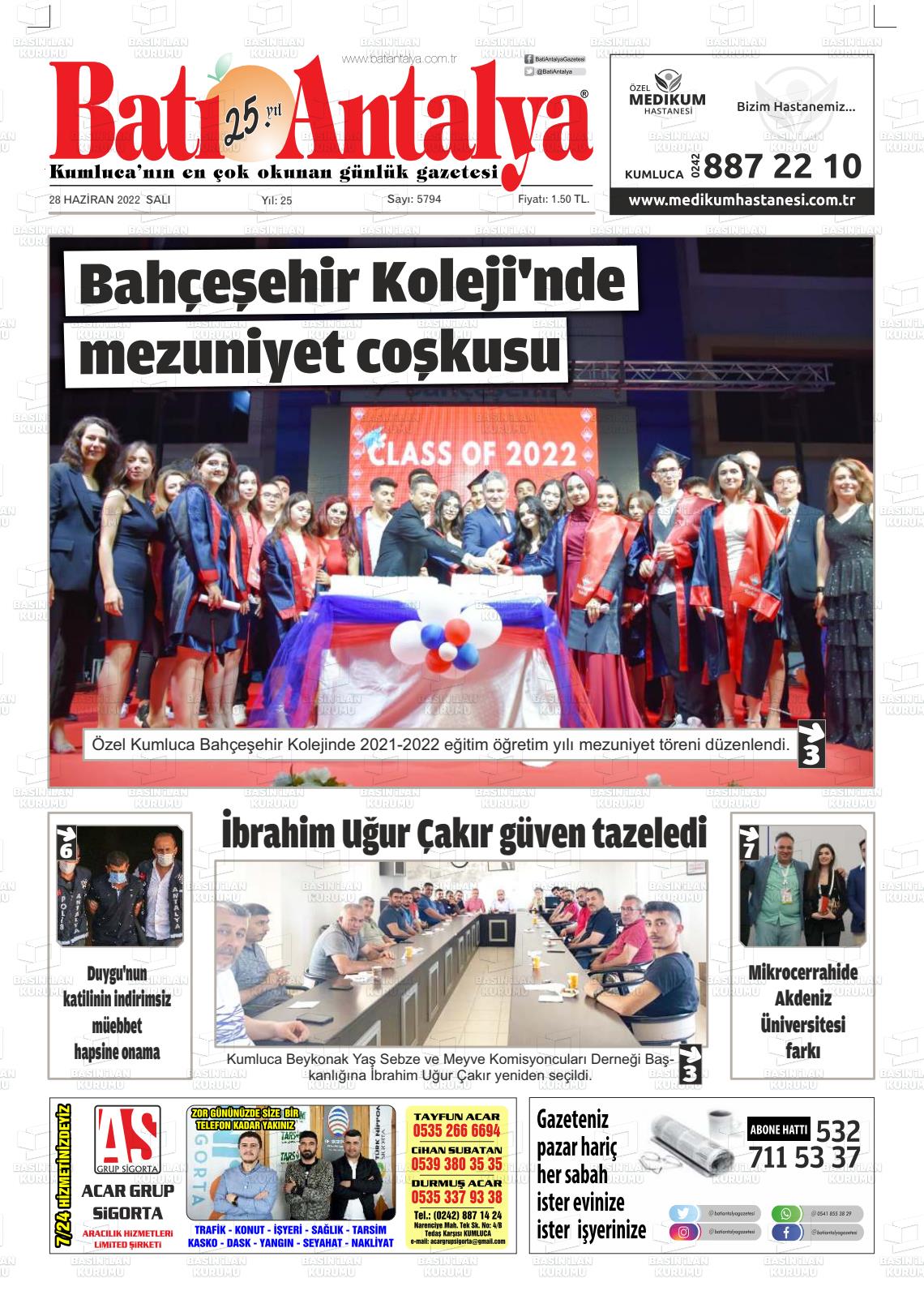 28 Haziran 2022 Batı Antalya Gazete Manşeti