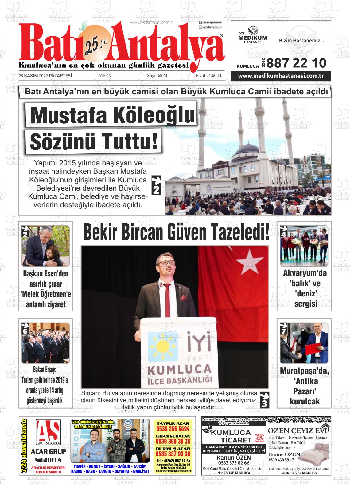 28 Kasım 2022 Batı Antalya Gazete Manşeti