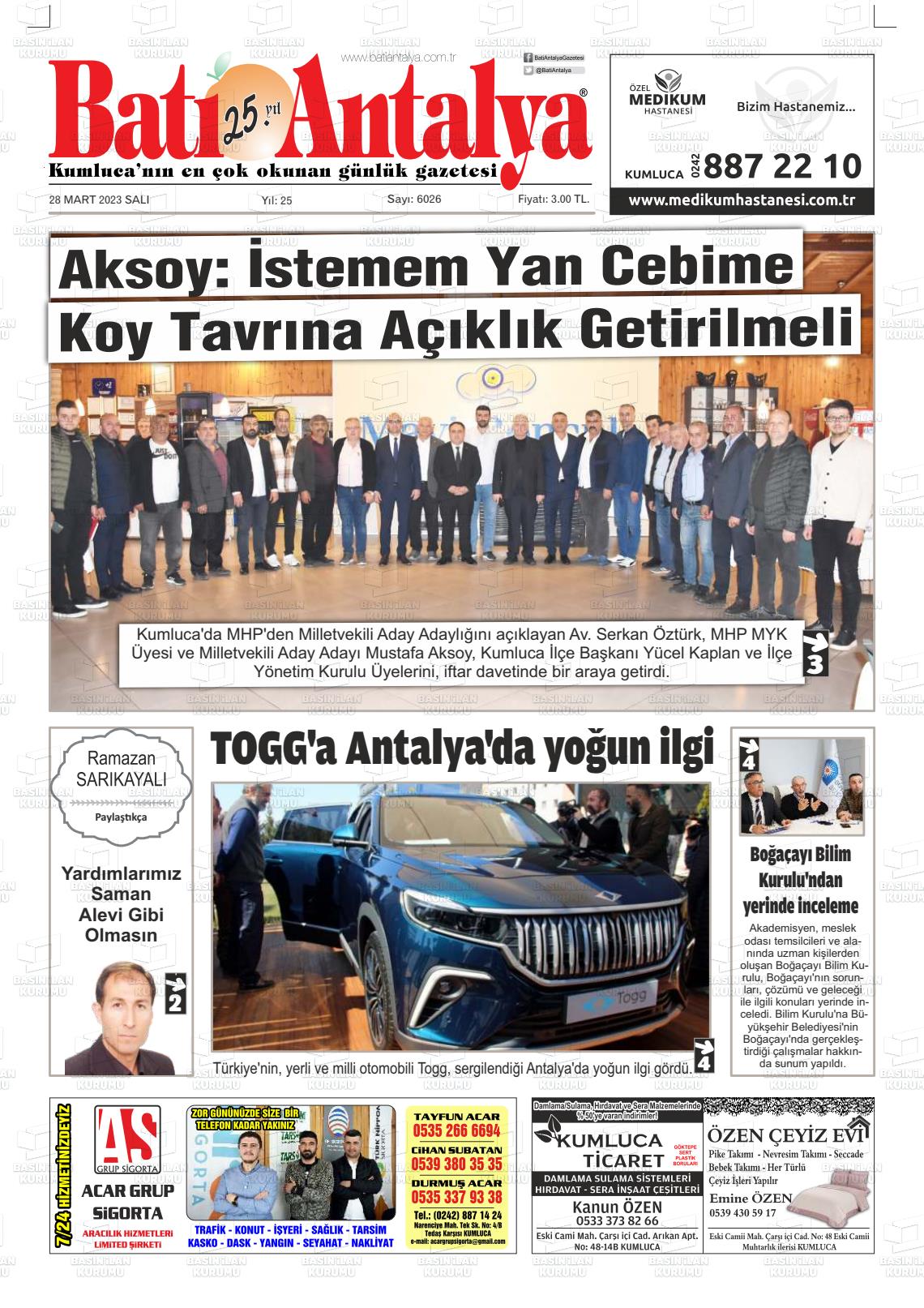 28 Mart 2023 Batı Antalya Gazete Manşeti