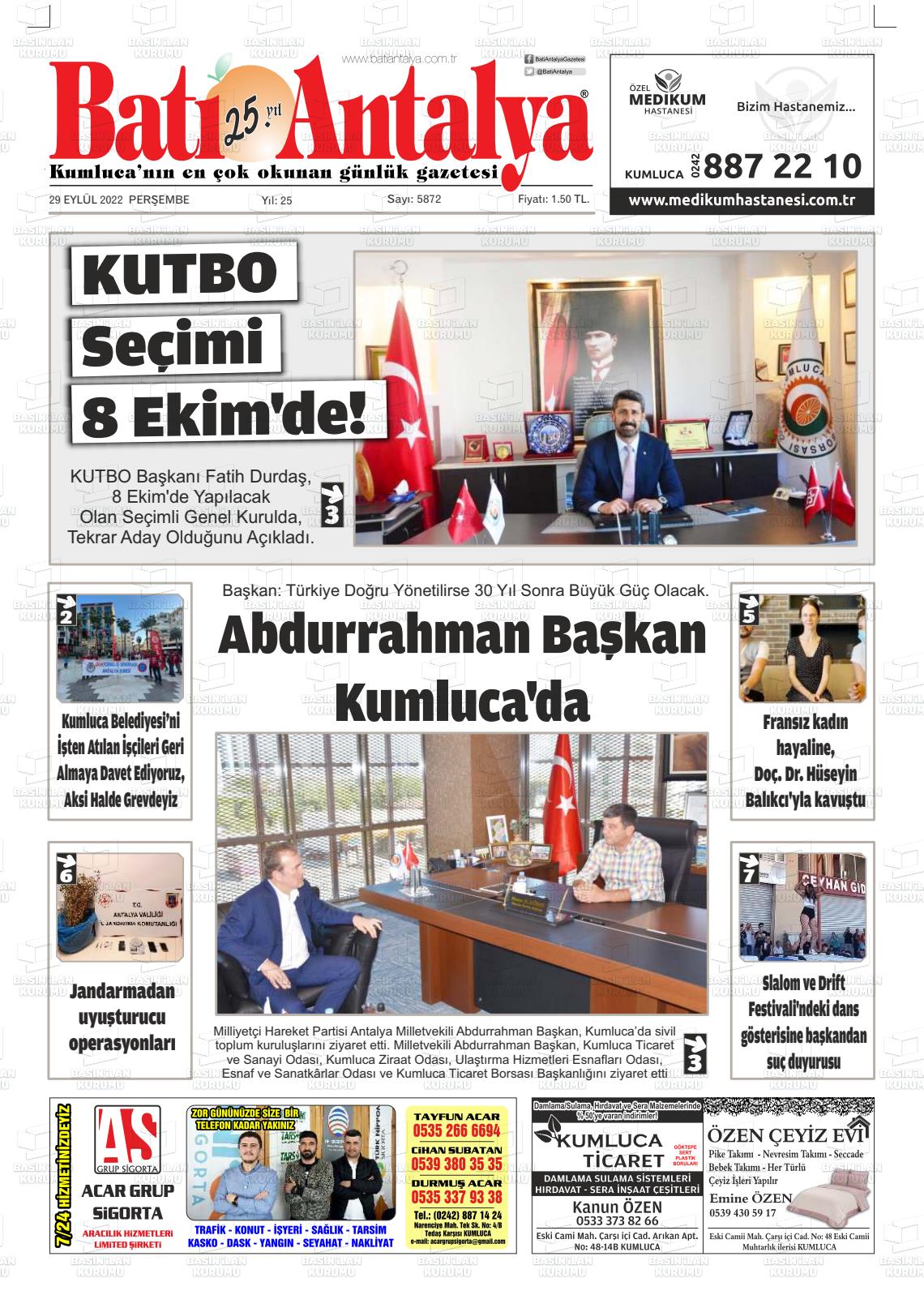 29 Eylül 2022 Batı Antalya Gazete Manşeti