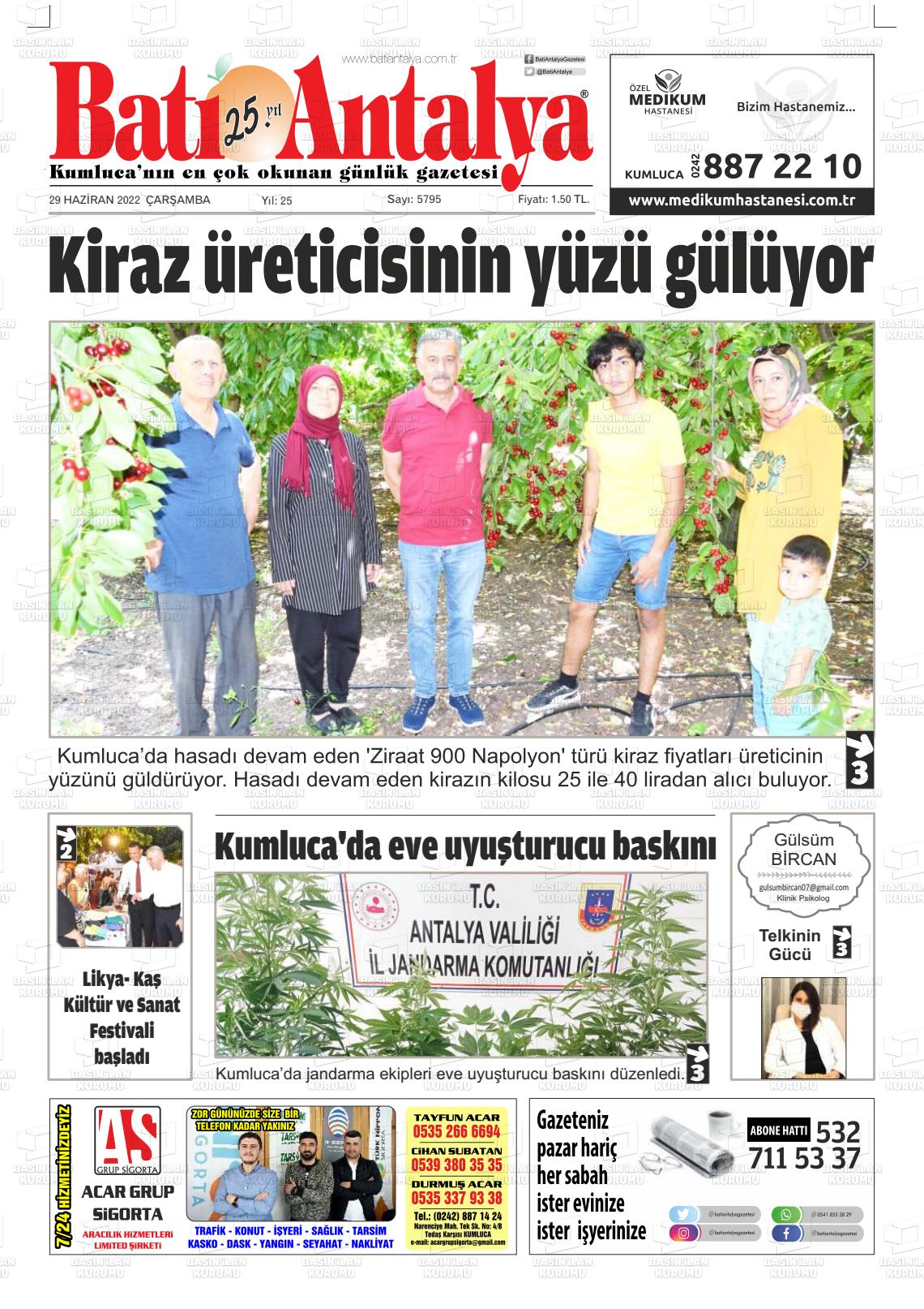 29 Haziran 2022 Batı Antalya Gazete Manşeti