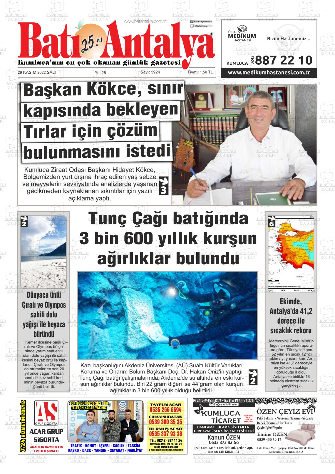29 Kasım 2022 Batı Antalya Gazete Manşeti