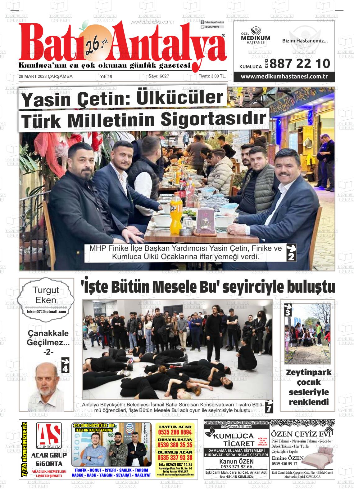 29 Mart 2023 Batı Antalya Gazete Manşeti