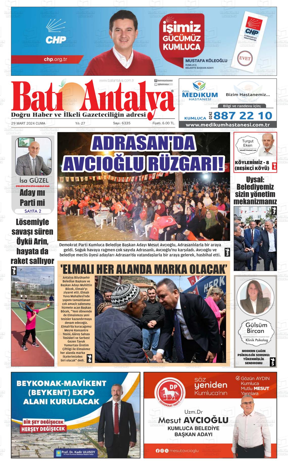 29 Mart 2024 Batı Antalya Gazete Manşeti