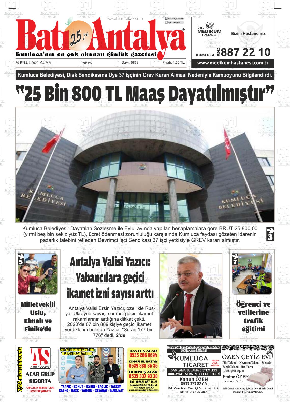 30 Eylül 2022 Batı Antalya Gazete Manşeti
