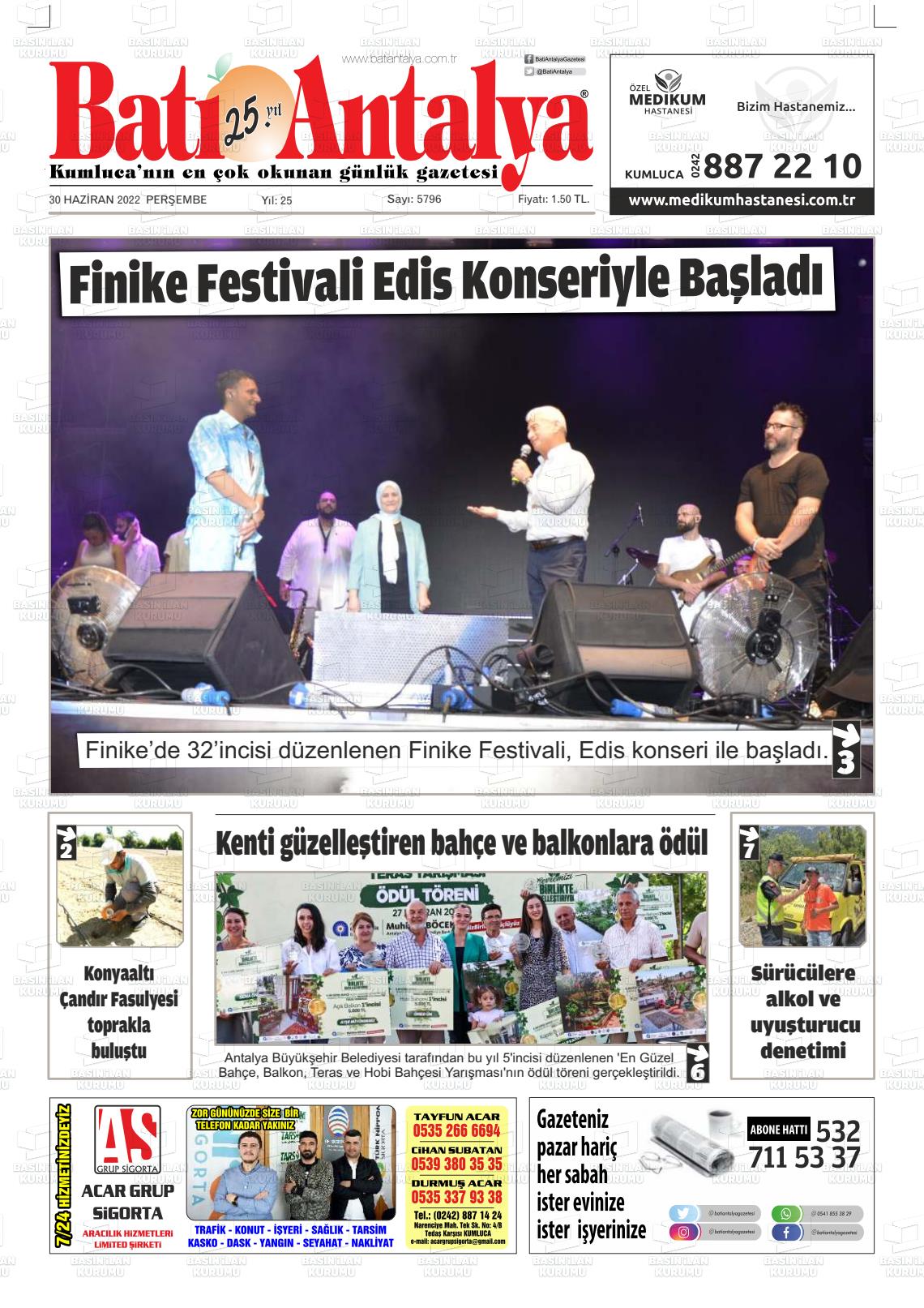 01 Temmuz 2022 Batı Antalya Gazete Manşeti