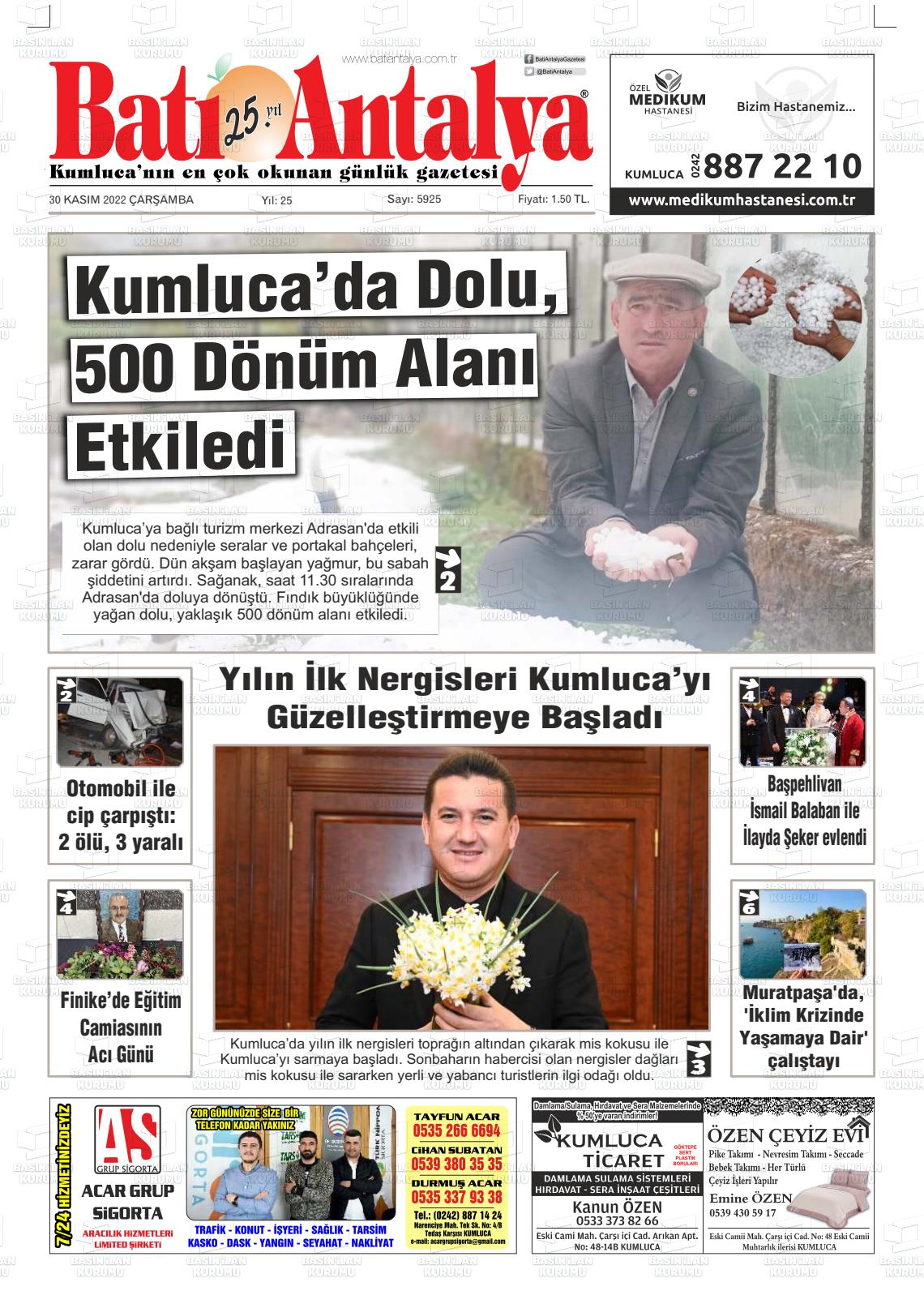 30 Kasım 2022 Batı Antalya Gazete Manşeti