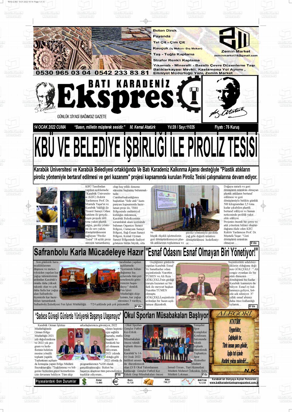 14 Ocak 2022 Batı Karadeniz Ekspres Gazete Manşeti