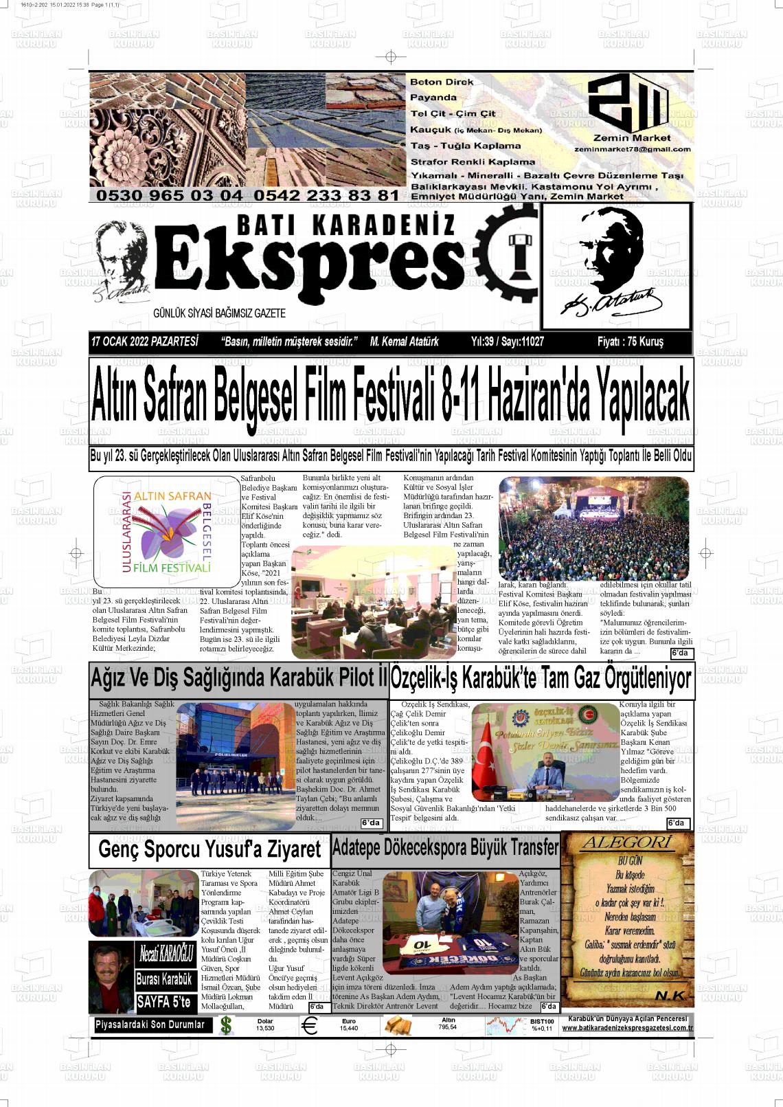 17 Ocak 2022 Batı Karadeniz Ekspres Gazete Manşeti