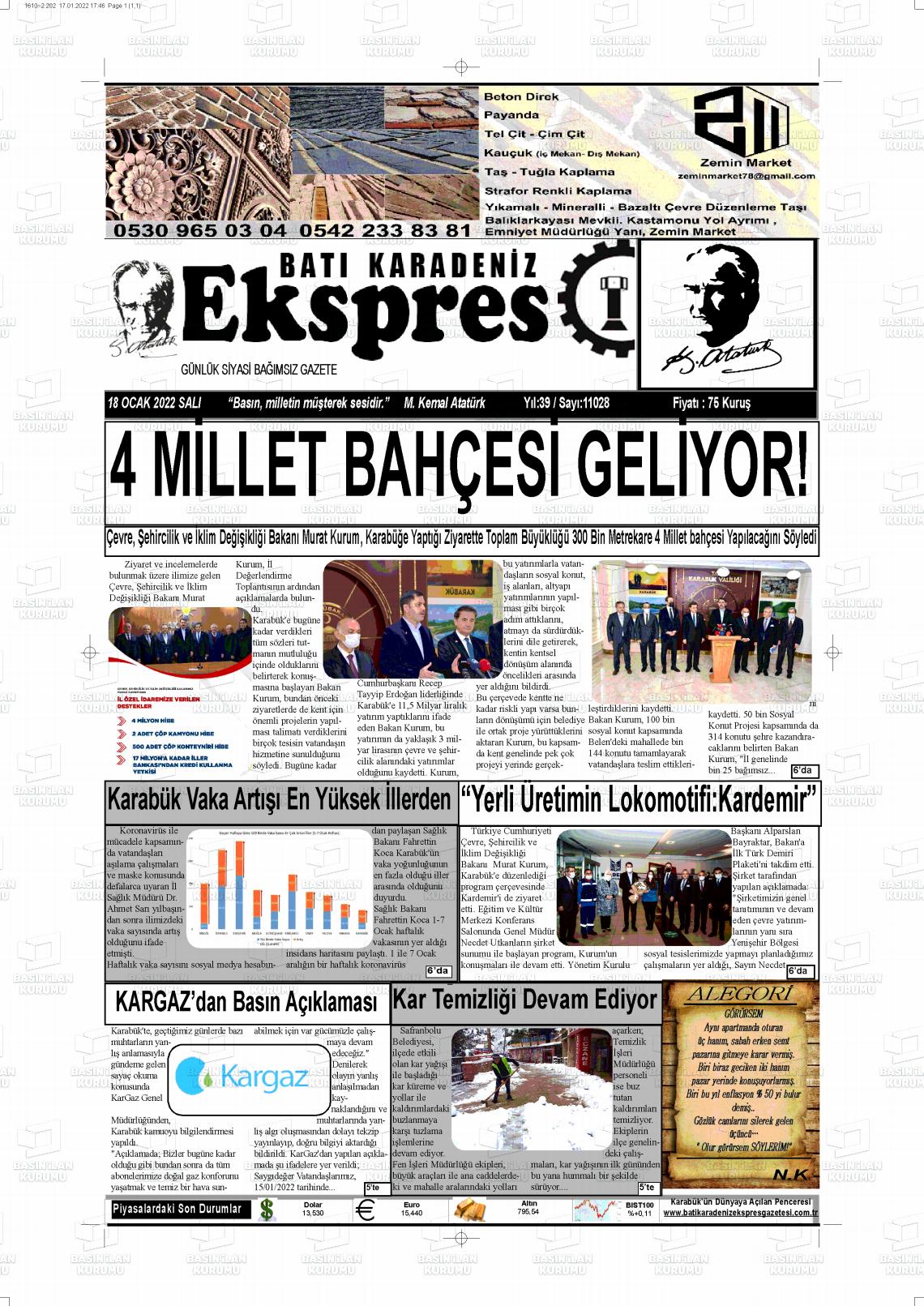 18 Ocak 2022 Batı Karadeniz Ekspres Gazete Manşeti