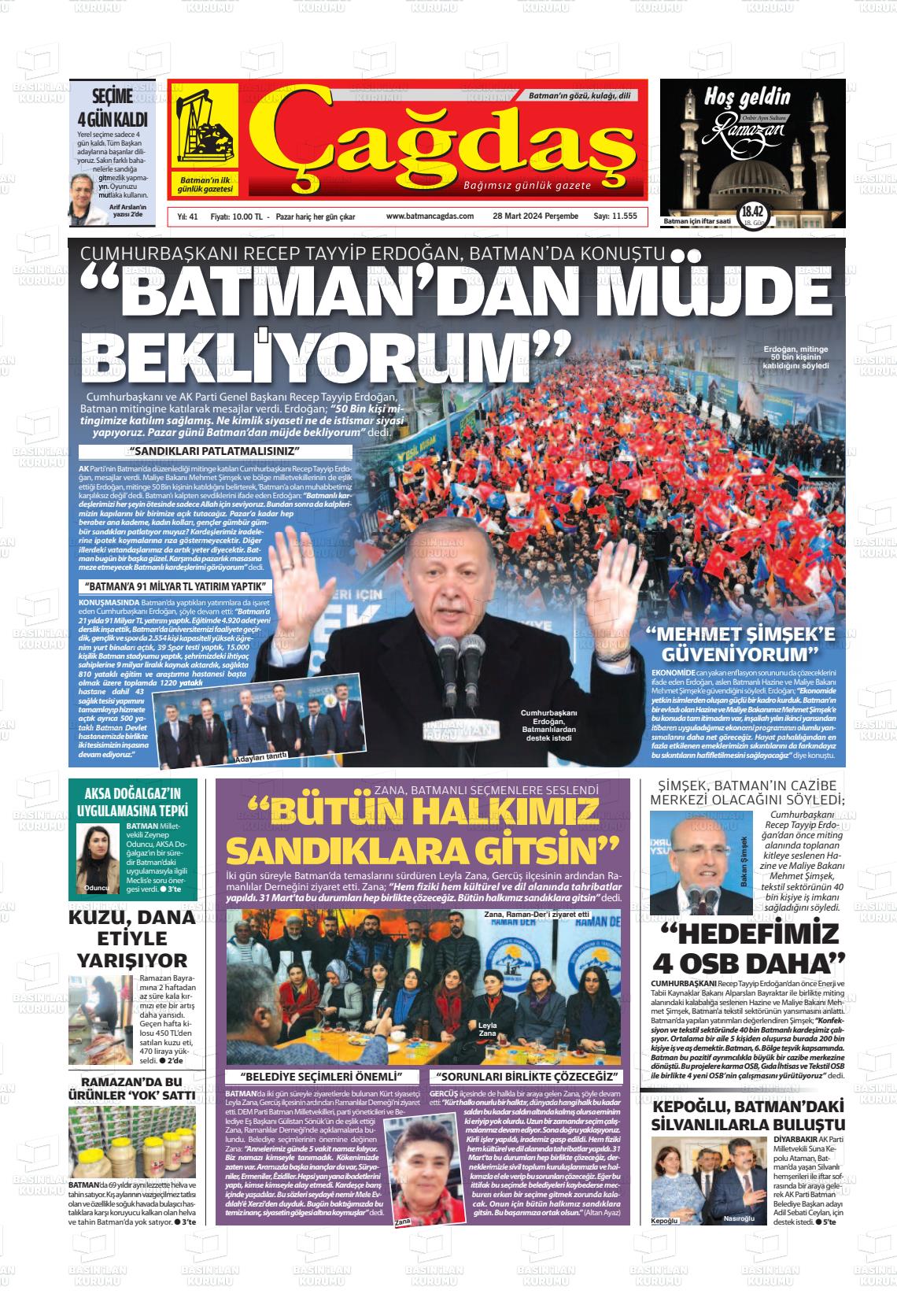 28 Mart 2024 Batman Çağdaş Gazete Manşeti