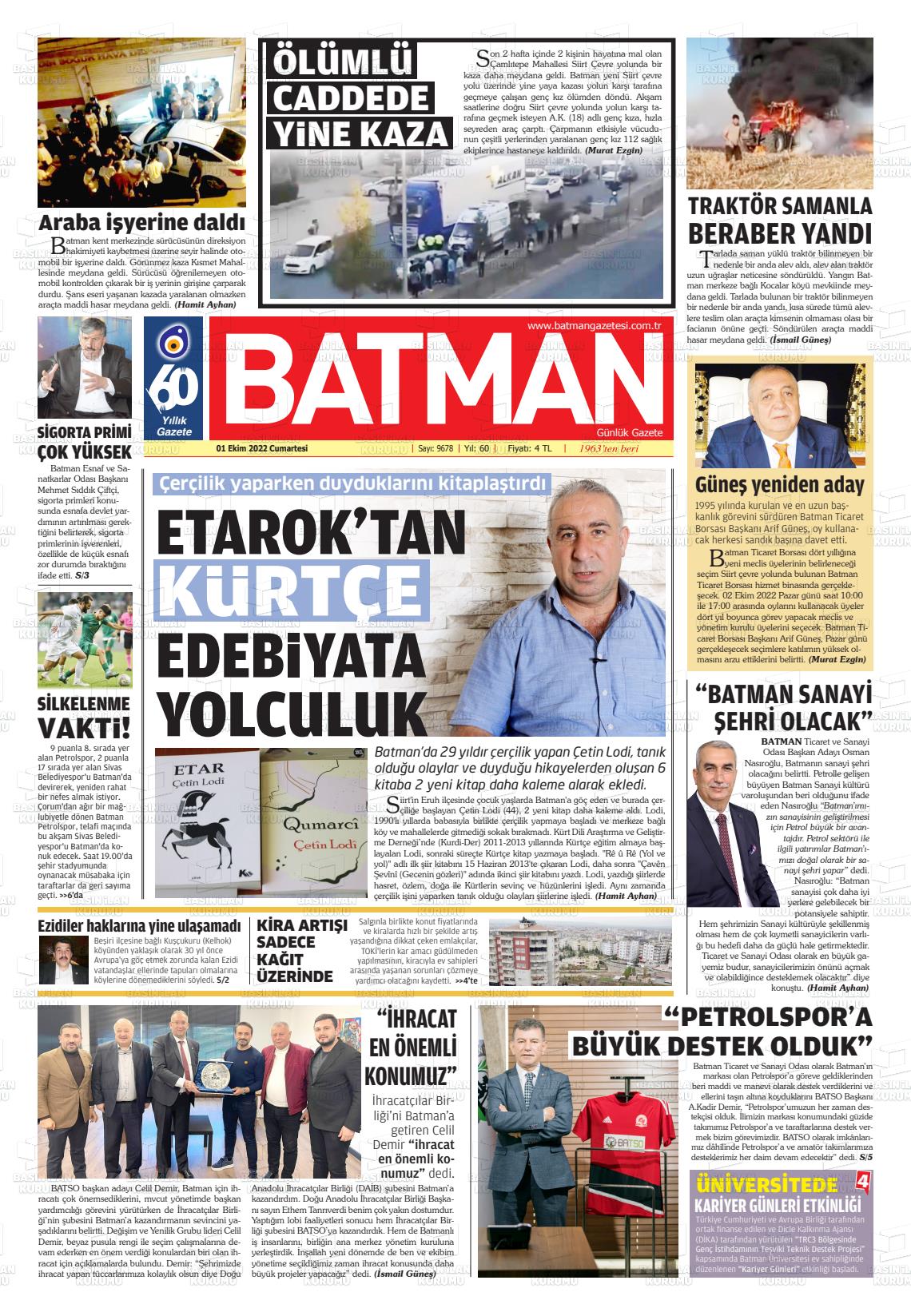 01 Ekim 2022 BATMAN GAZETESİ Gazete Manşeti
