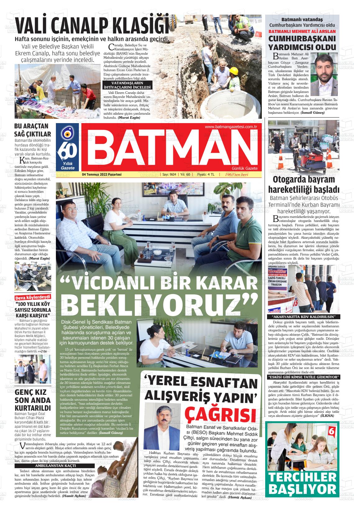 04 Temmuz 2022 BATMAN GAZETESİ Gazete Manşeti