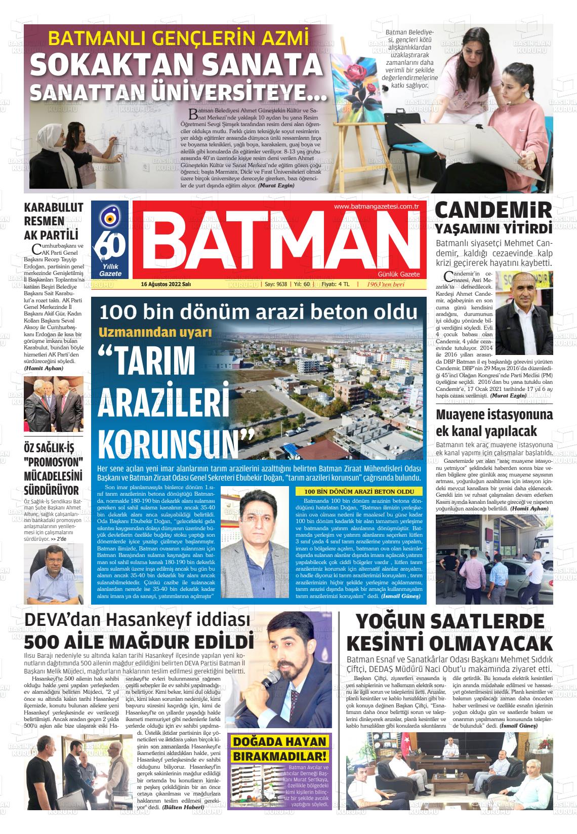 16 Ağustos 2022 BATMAN GAZETESİ Gazete Manşeti