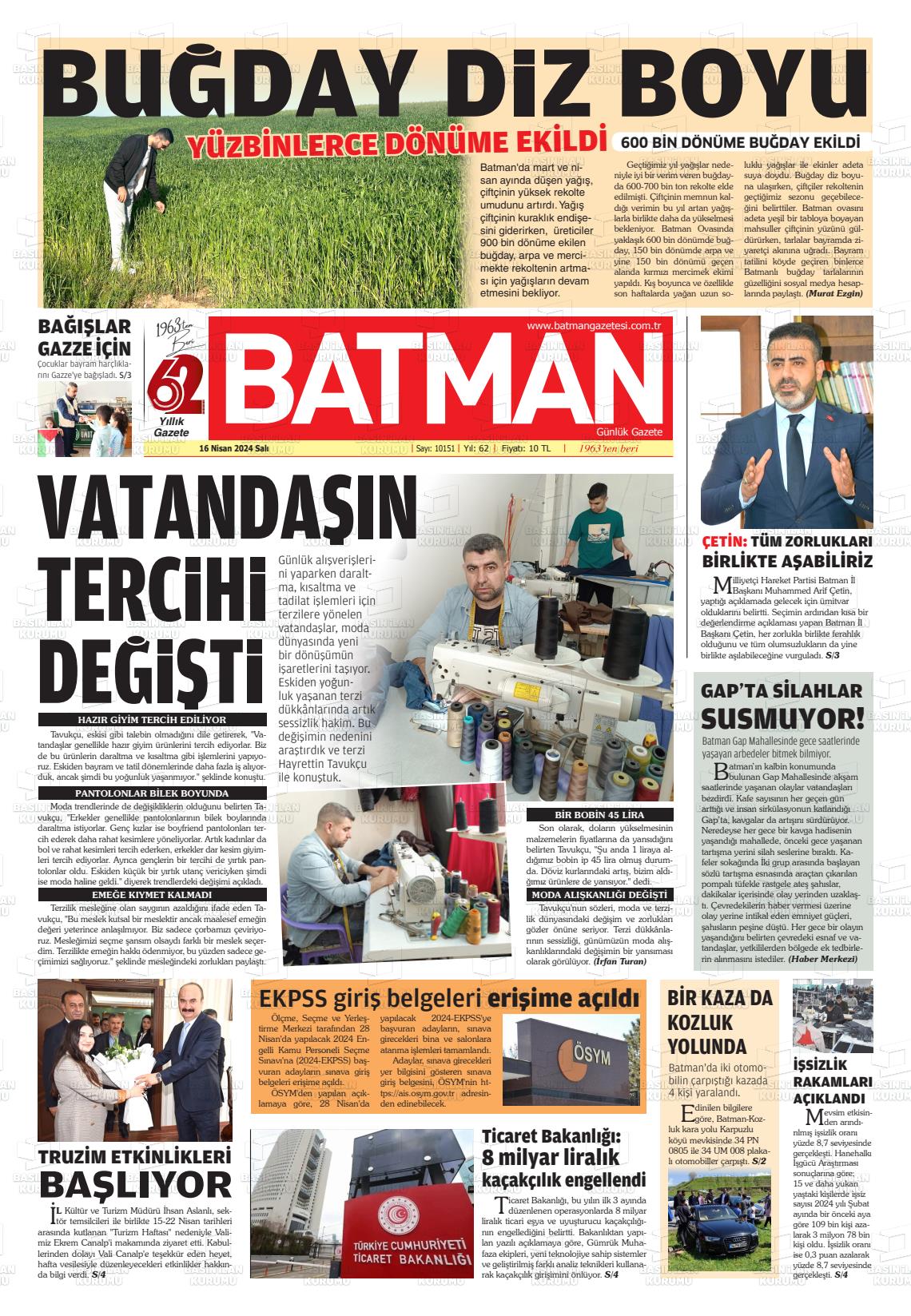 17 Nisan 2024 BATMAN GAZETESİ Gazete Manşeti