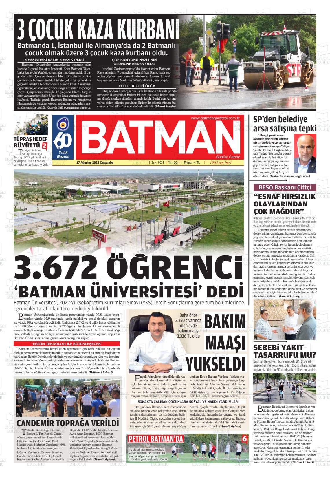 17 Ağustos 2022 BATMAN GAZETESİ Gazete Manşeti