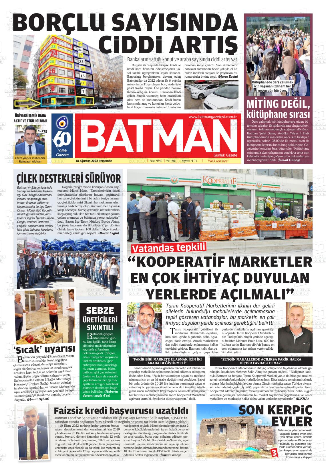 18 Ağustos 2022 BATMAN GAZETESİ Gazete Manşeti