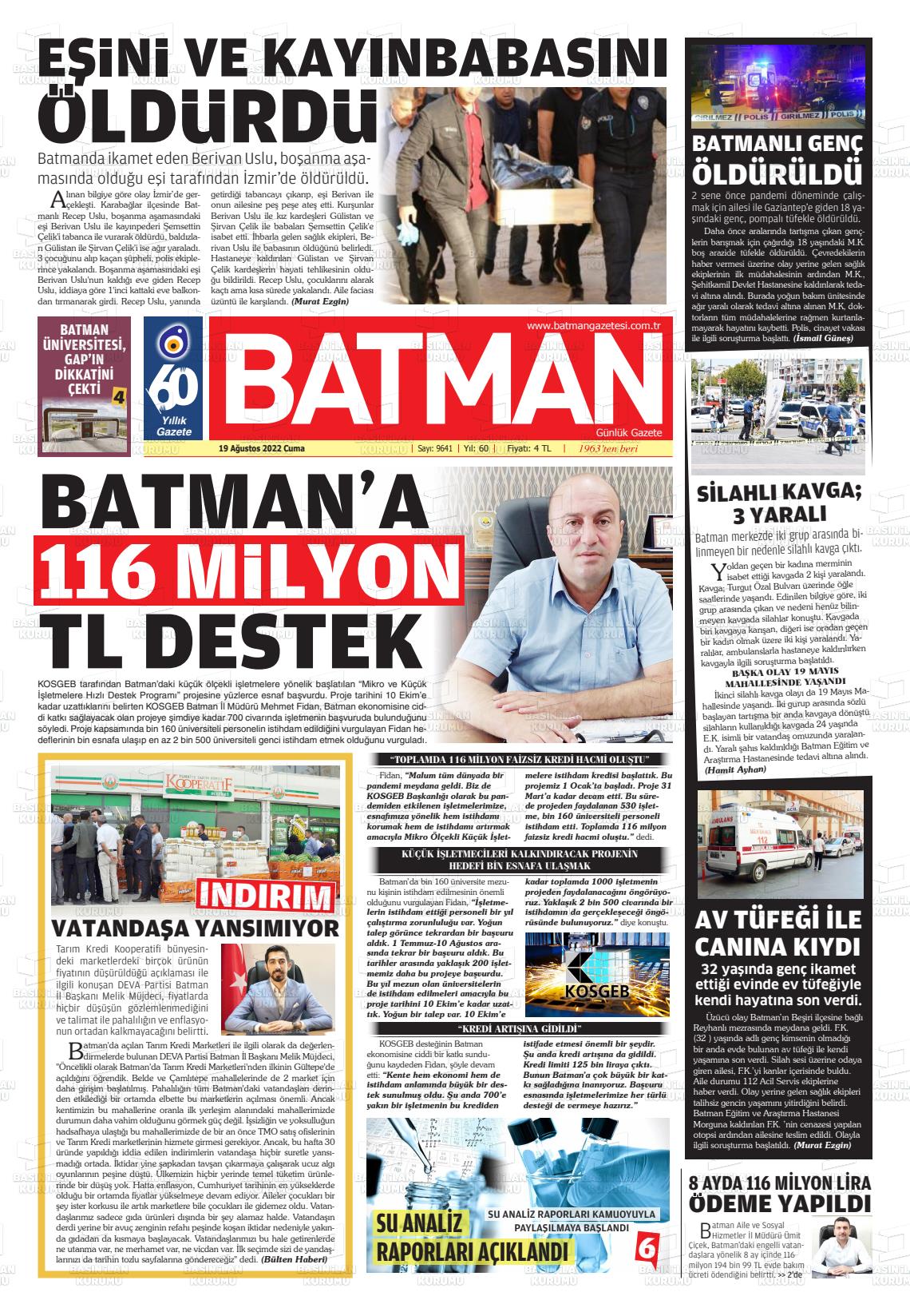 19 Ağustos 2022 BATMAN GAZETESİ Gazete Manşeti