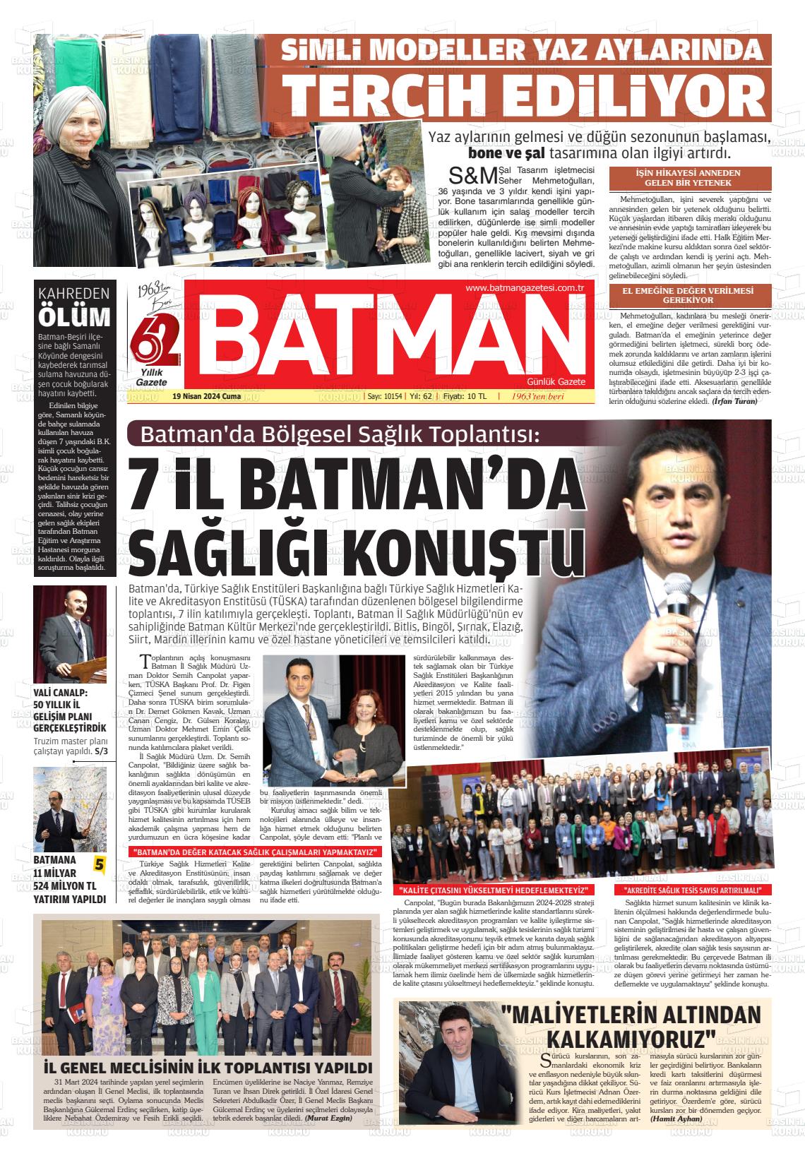 19 Nisan 2024 BATMAN GAZETESİ Gazete Manşeti