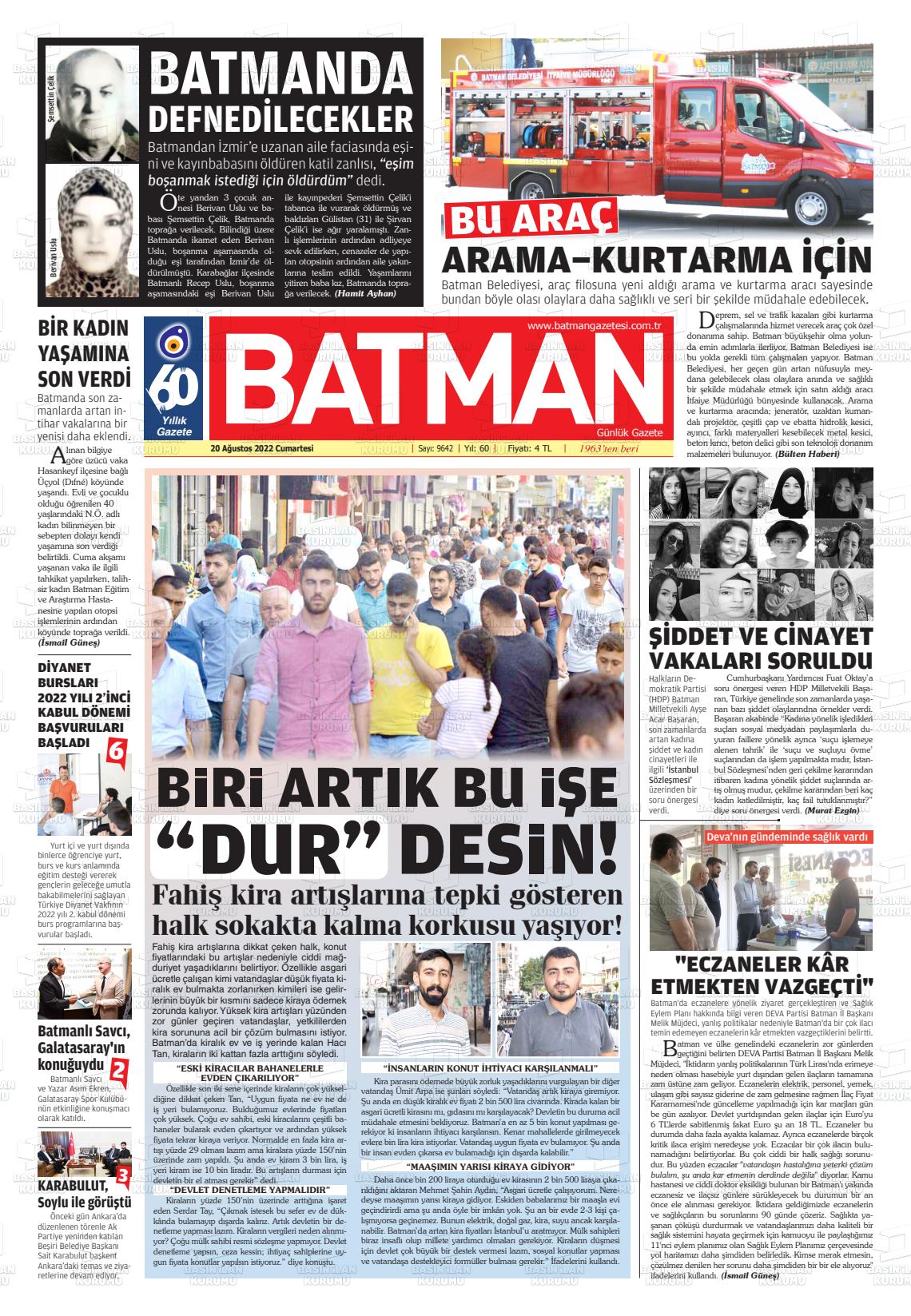 20 Ağustos 2022 BATMAN GAZETESİ Gazete Manşeti