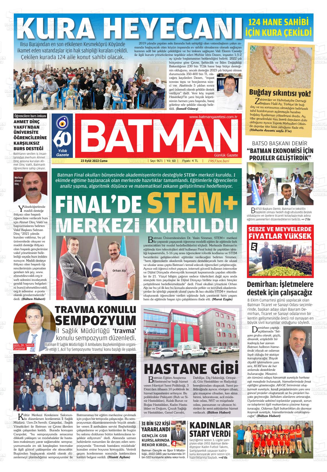 23 Eylül 2022 BATMAN GAZETESİ Gazete Manşeti