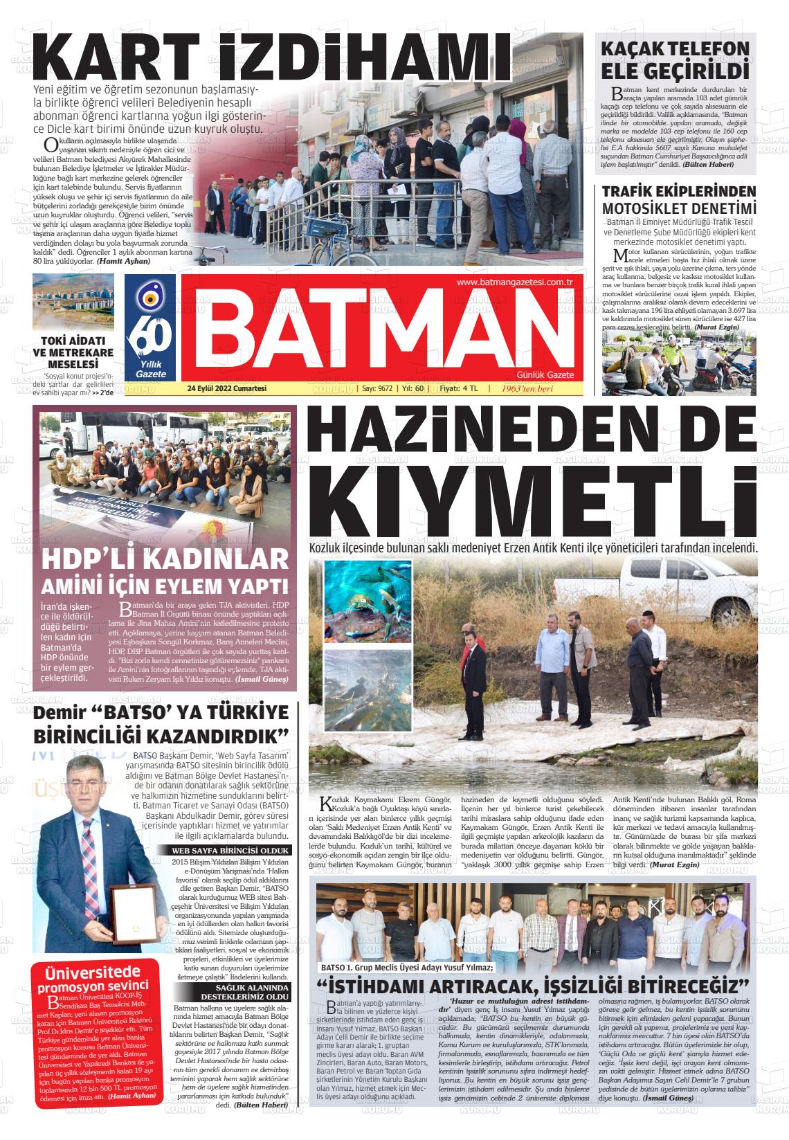 24 Eylül 2022 BATMAN GAZETESİ Gazete Manşeti