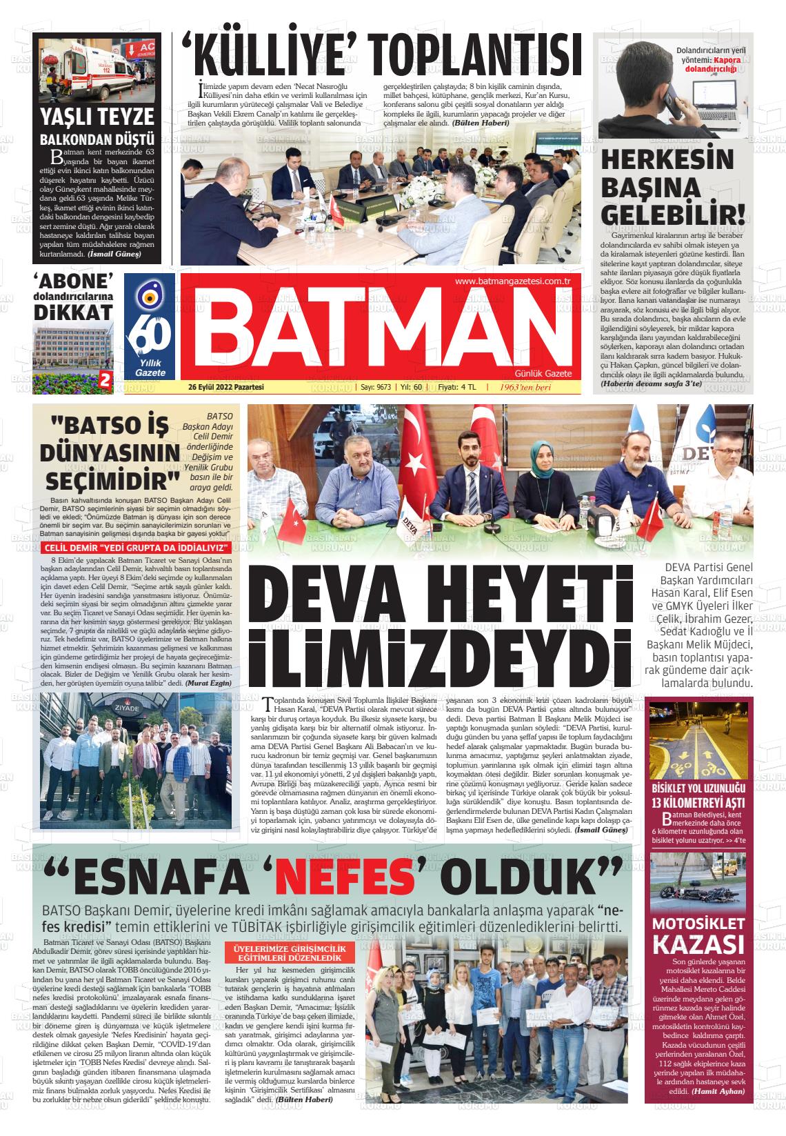 26 Eylül 2022 BATMAN GAZETESİ Gazete Manşeti