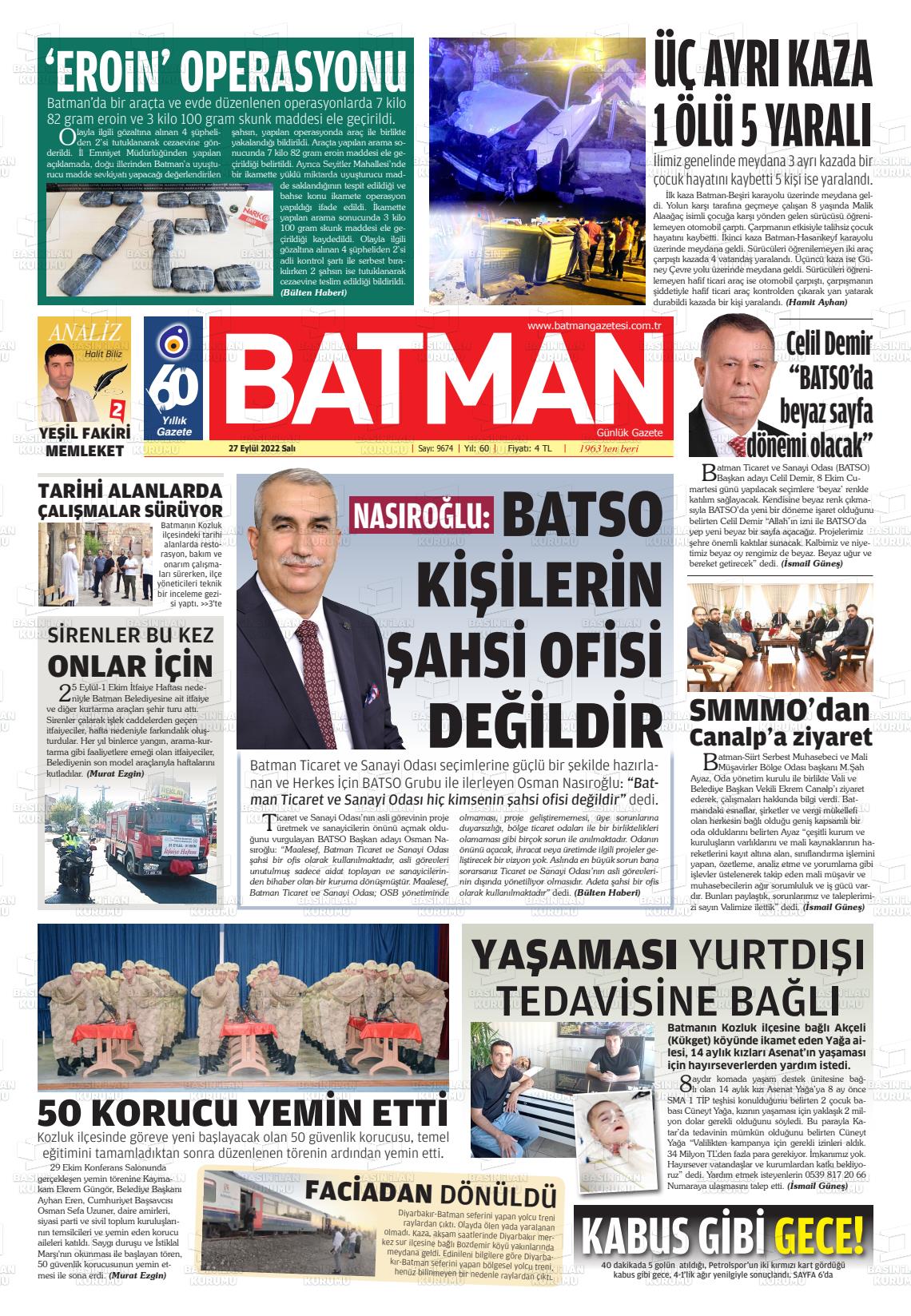 27 Eylül 2022 BATMAN GAZETESİ Gazete Manşeti
