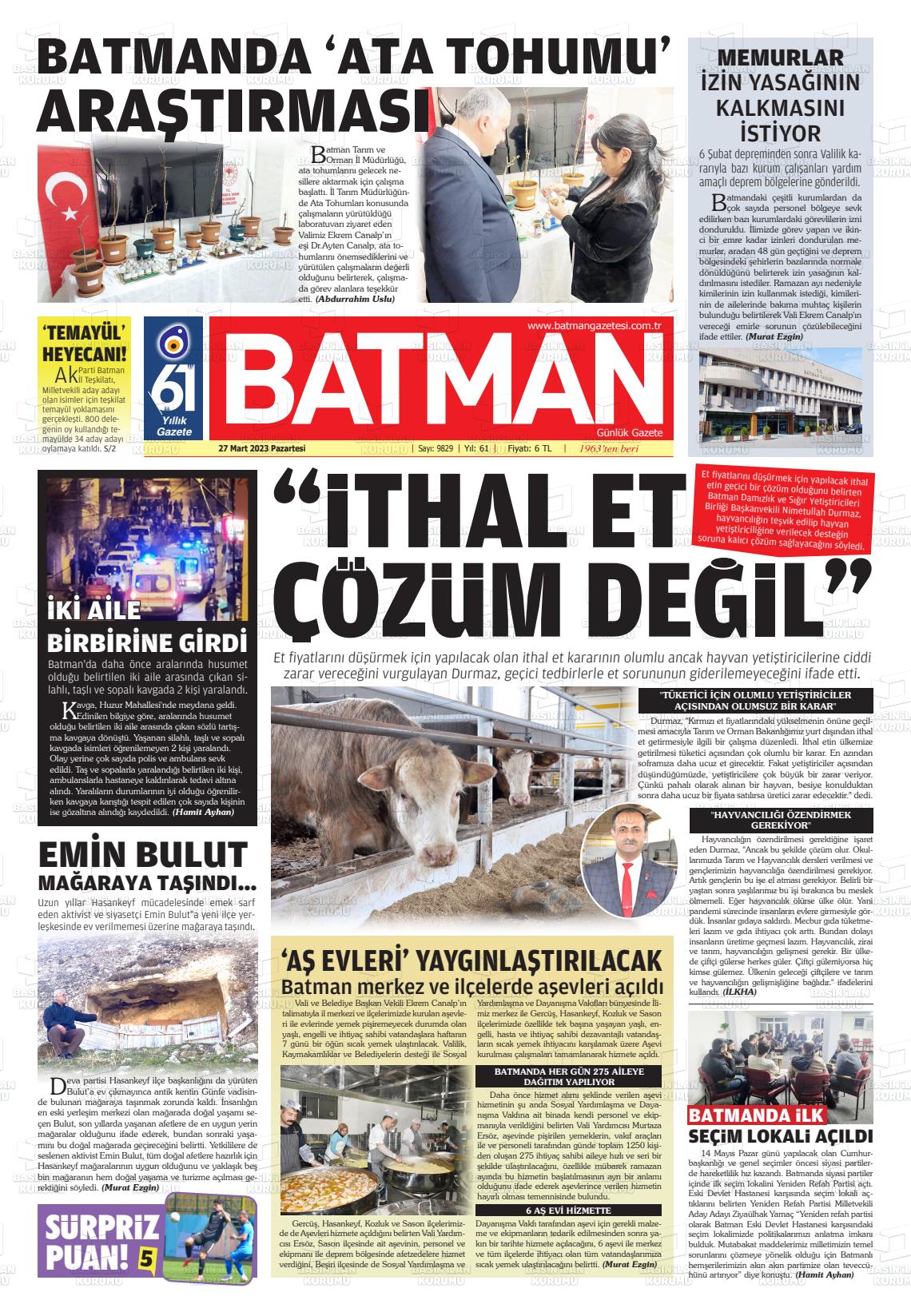 27 Mart 2023 BATMAN GAZETESİ Gazete Manşeti