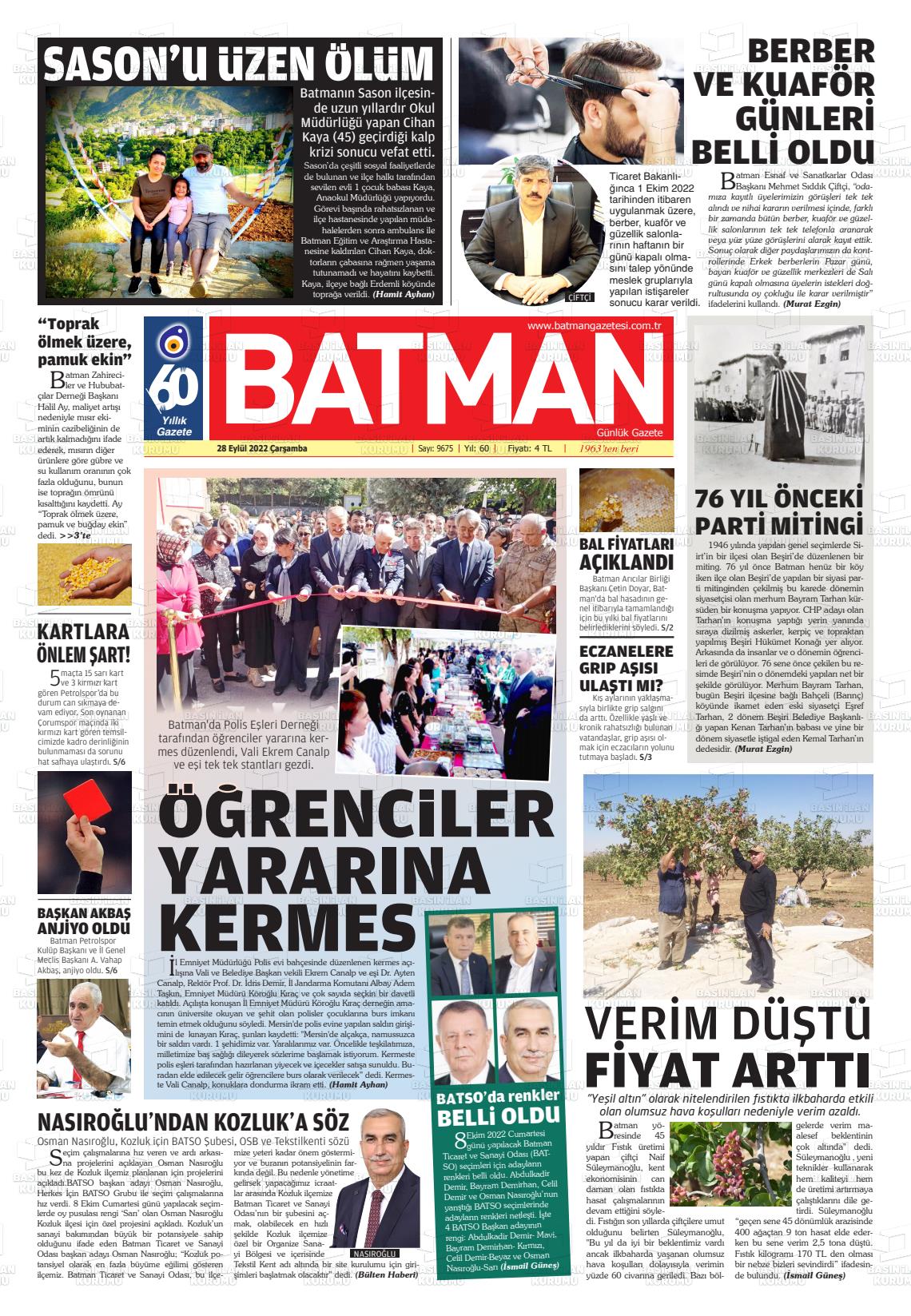 29 Eylül 2022 BATMAN GAZETESİ Gazete Manşeti