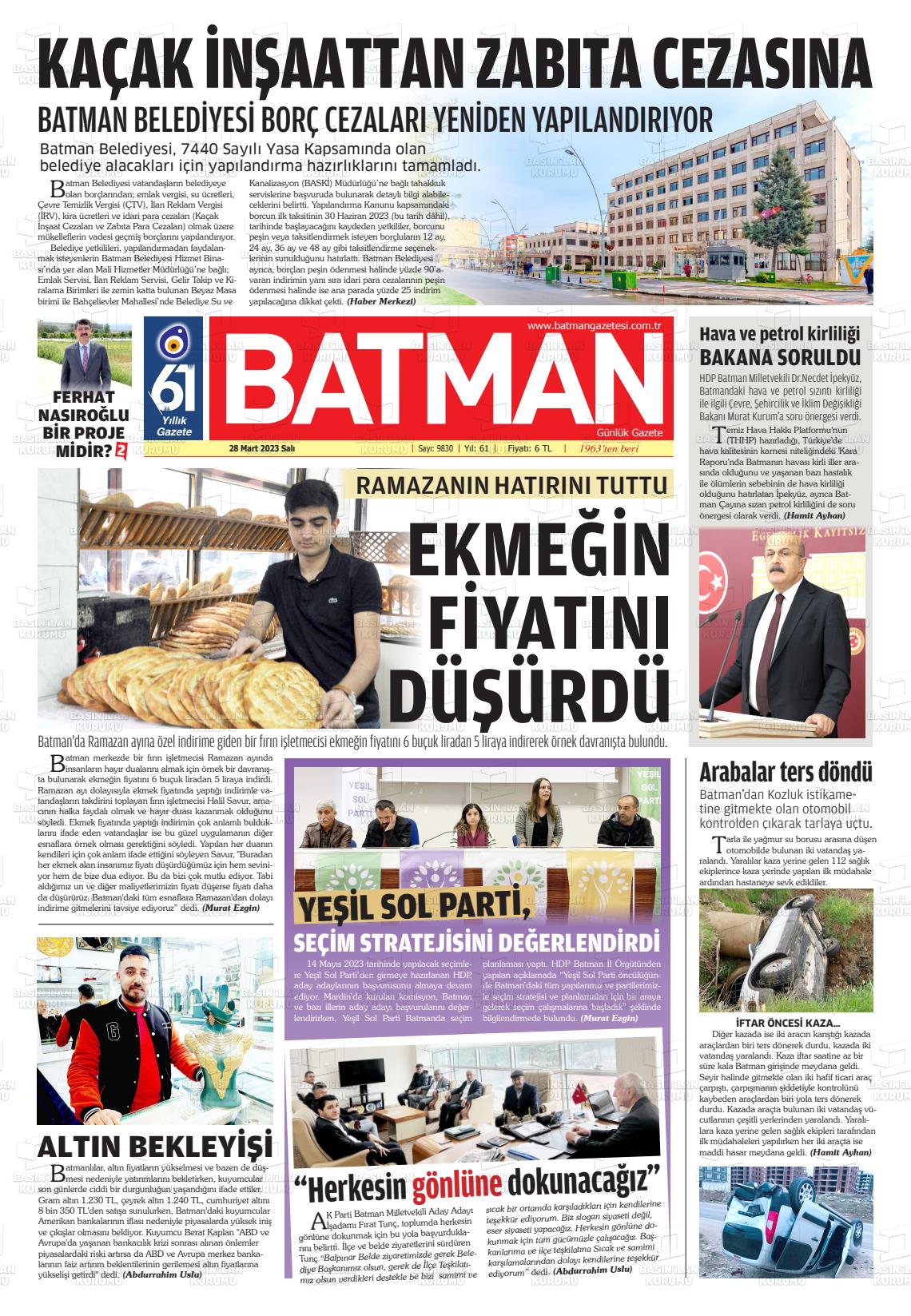 28 Mart 2023 BATMAN GAZETESİ Gazete Manşeti
