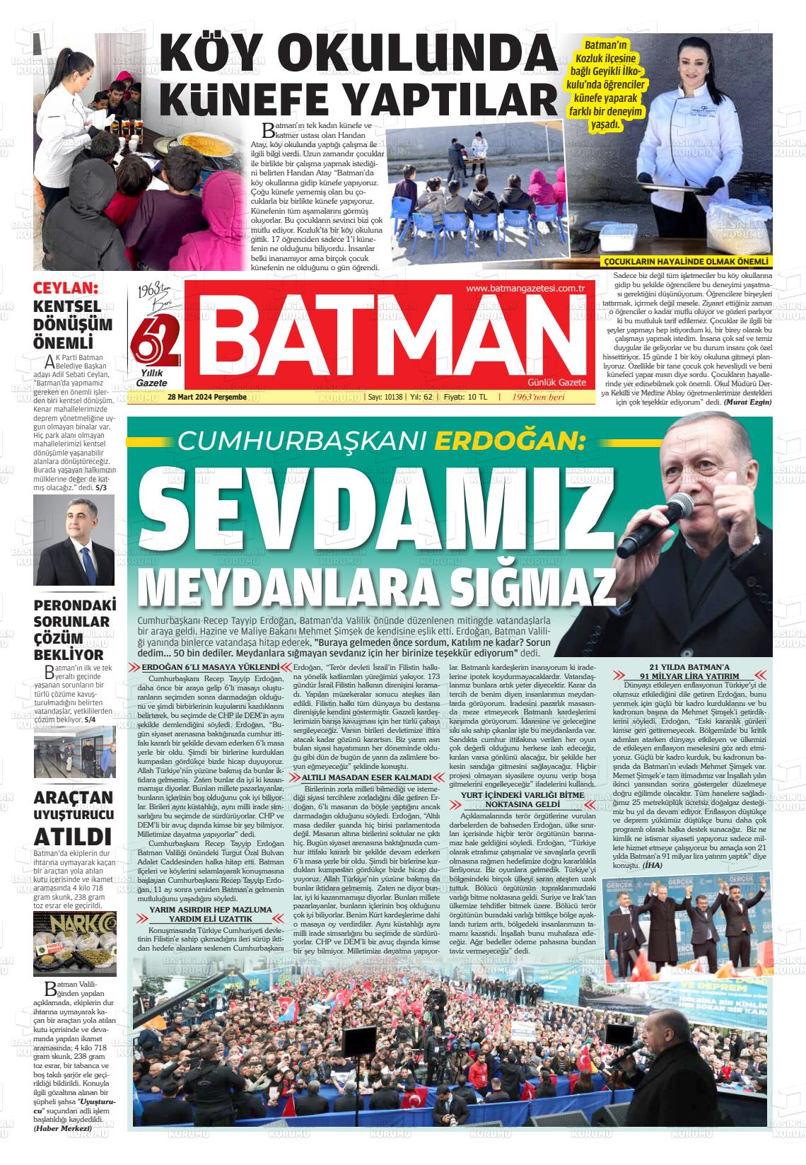 28 Mart 2024 BATMAN GAZETESİ Gazete Manşeti