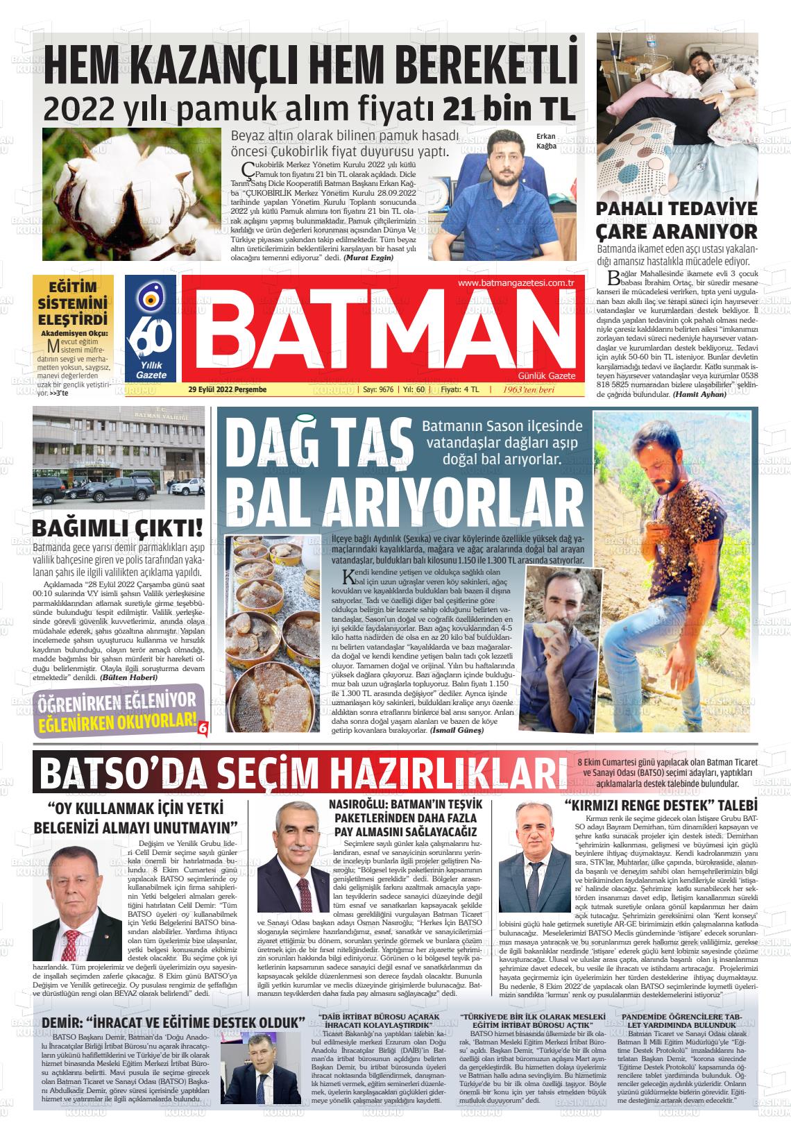 29 Eylül 2022 BATMAN GAZETESİ Gazete Manşeti